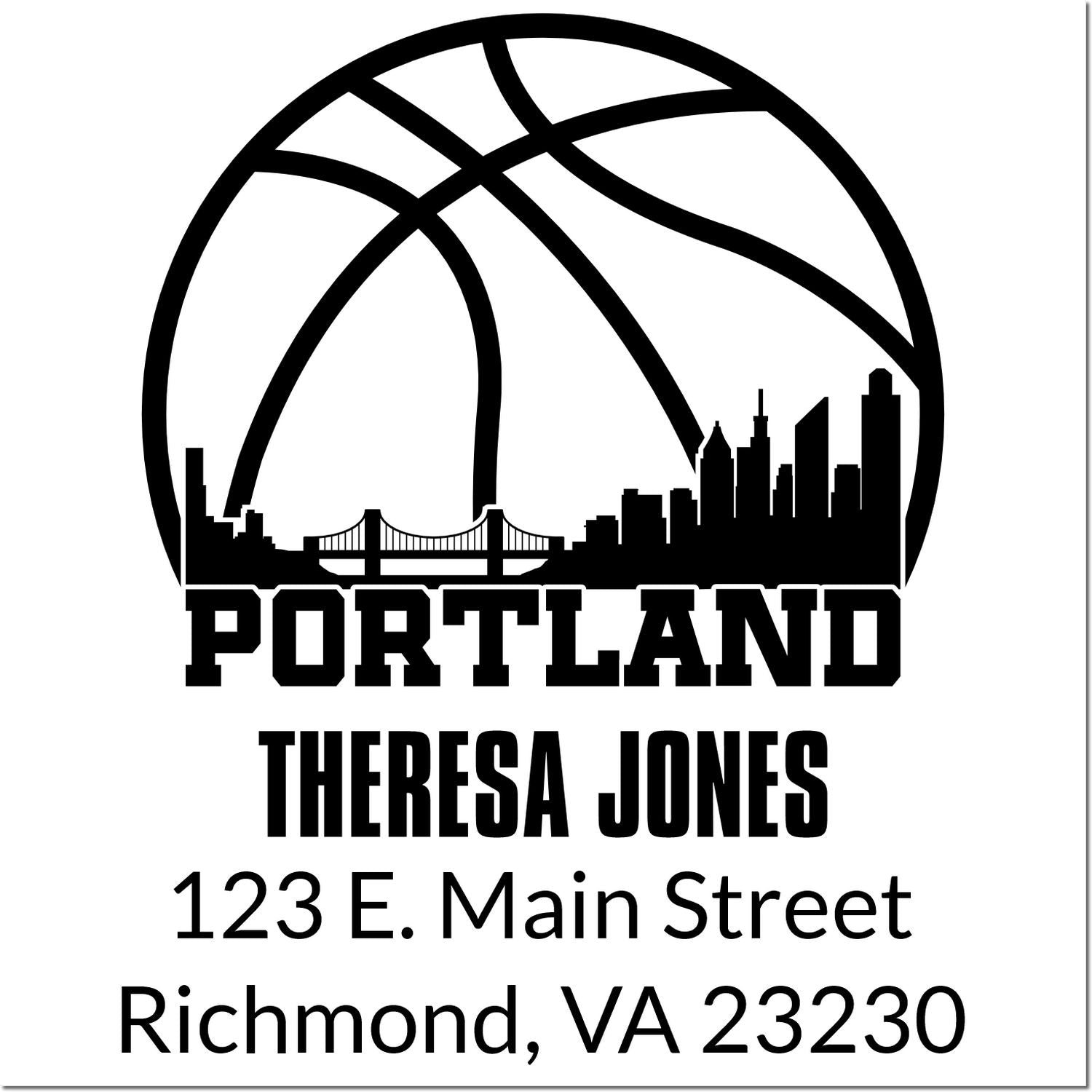 Custom Portland return address rubber stamp with basketball skyline for Teresa Jones, 123 E. Main St., Richmond, VA 23230