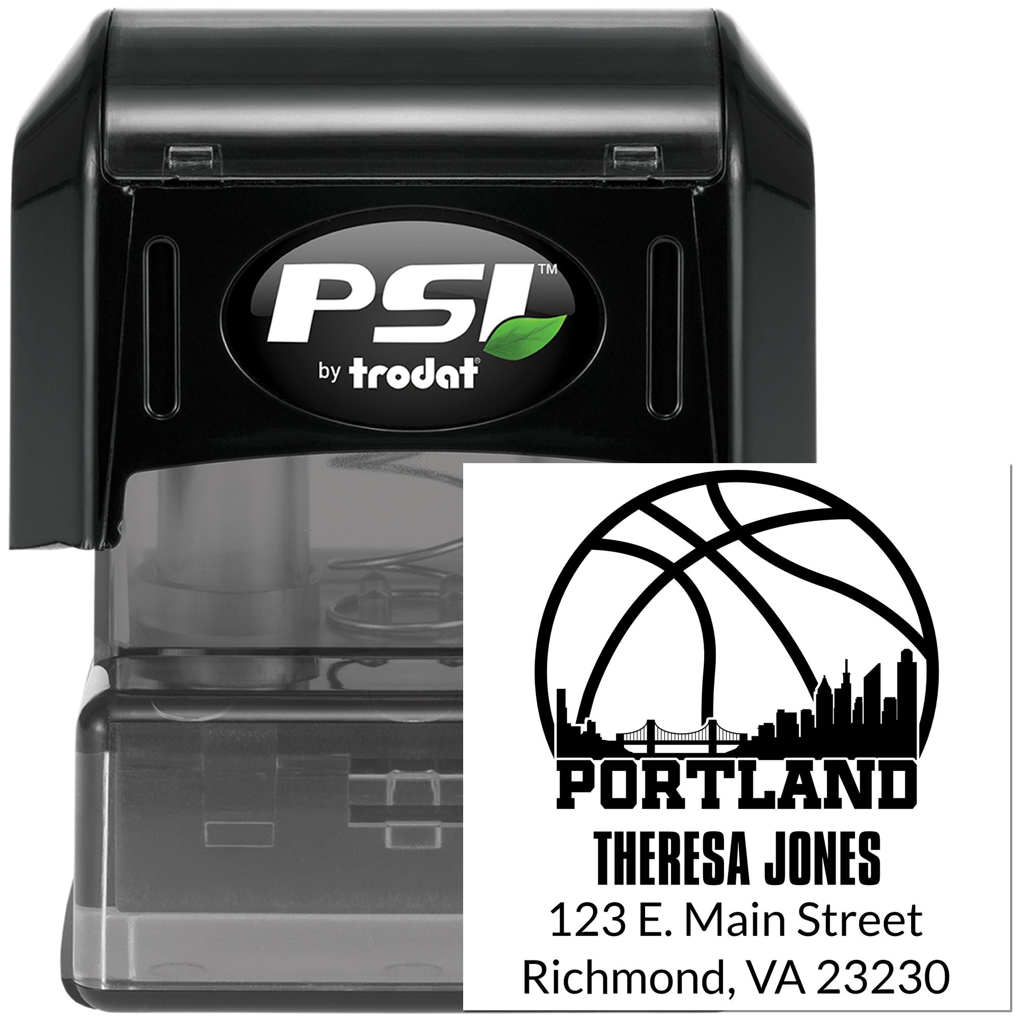 PSI by Trodat custom self-inking rubber stamp for Theresa Jones, Portland basketball logo, Richmond, VA 23230 address