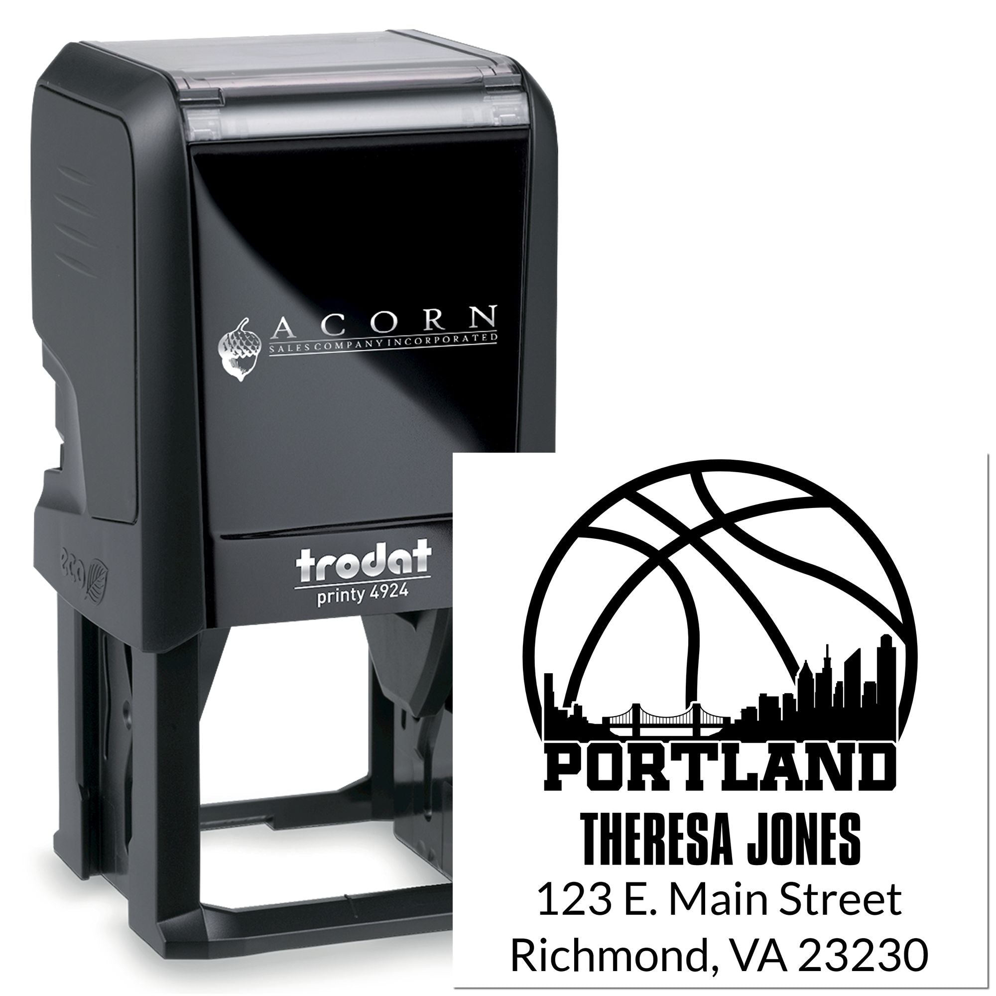 Trodat Printy 4924 custom self-inking rubber stamp with Portland logo, name, and Richmond, VA return address