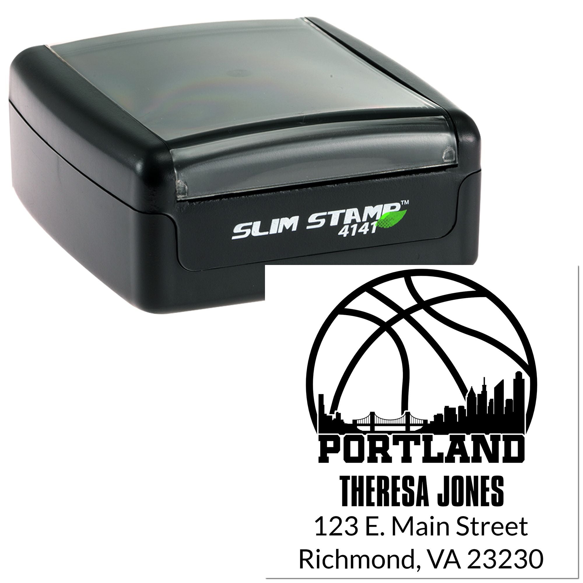 Slim Stamp 4141 self-inking rubber stamp with custom Portland skyline address design for Theresa Jones.