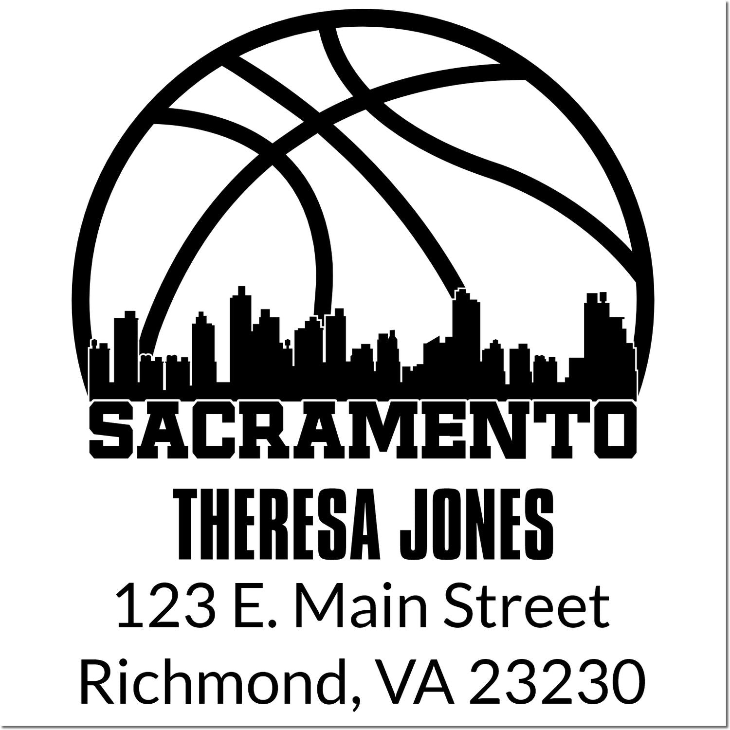 Custom Sacramento basketball rubber stamp with city skyline, Theresa Jones, and return address.