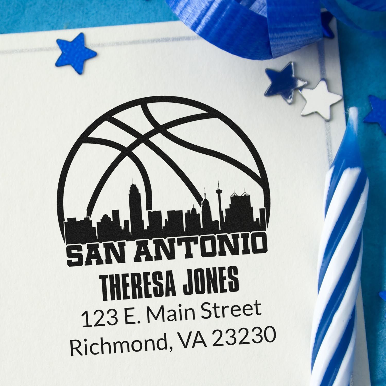 Custom San Antonio address rubber stamp with skyline logo, personalized for Theresa Jones with Richmond, VA mailing address.