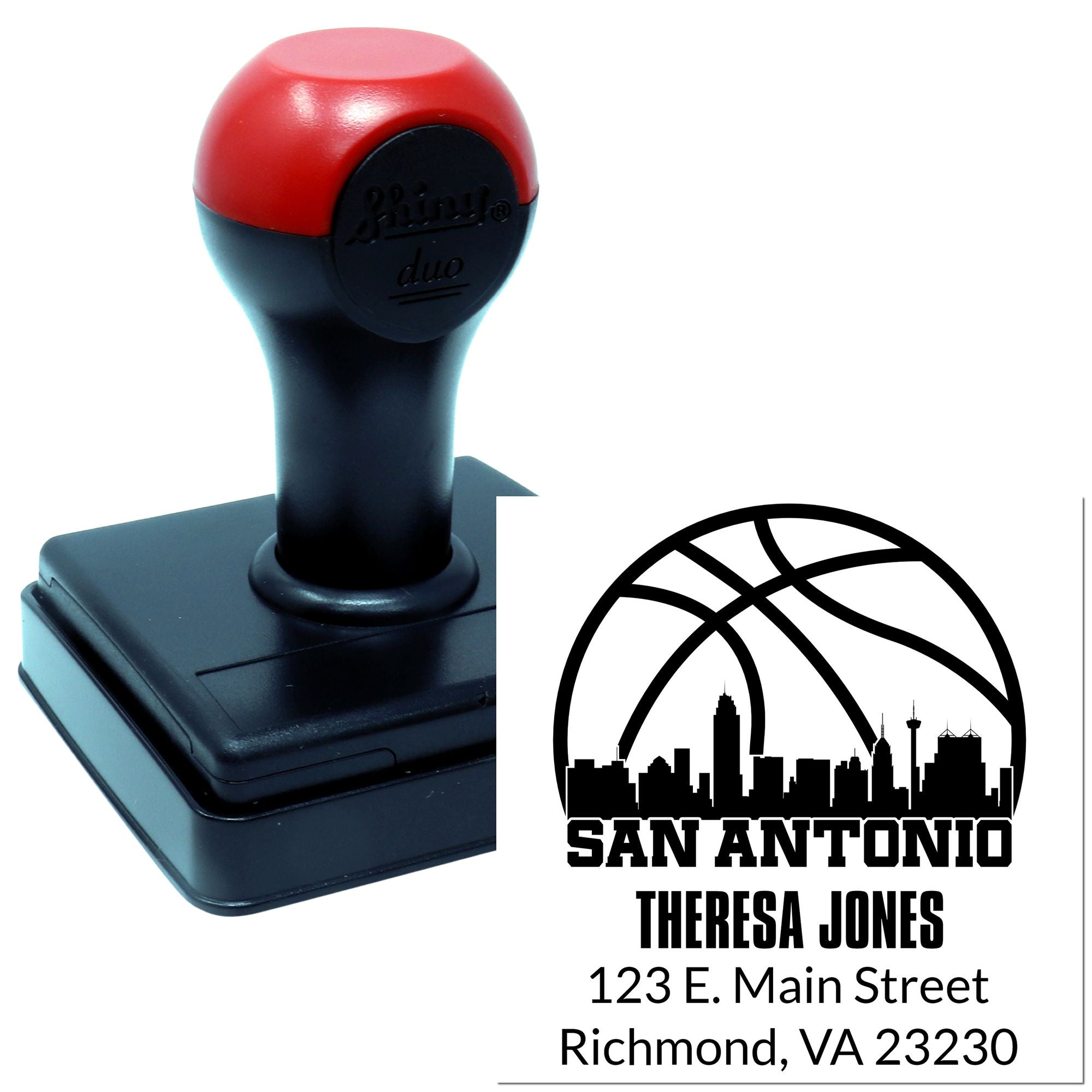 Self-inking custom rubber address stamp with San Antonio skyline and Theresa Jones return address imprint.