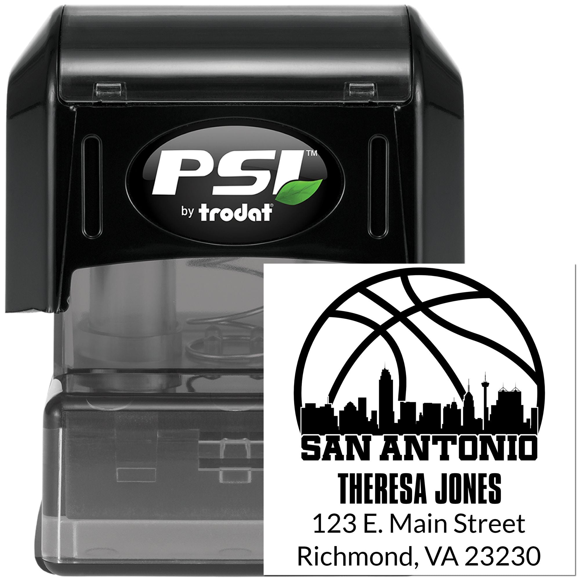 Custom PSI by Trodat self-inking address rubber stamp for San Antonio labels with skyline and personalized contact details.