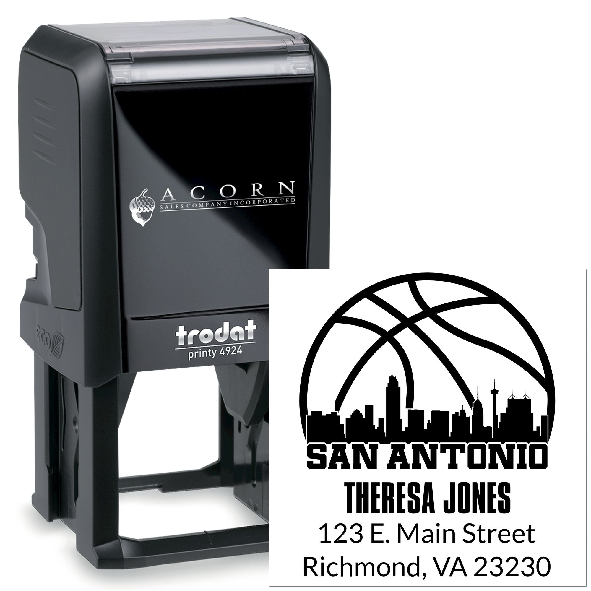 Custom self-inking rubber address stamp with San Antonio skyline and Theresa Jones mailing address, Trodat Printy 4924.