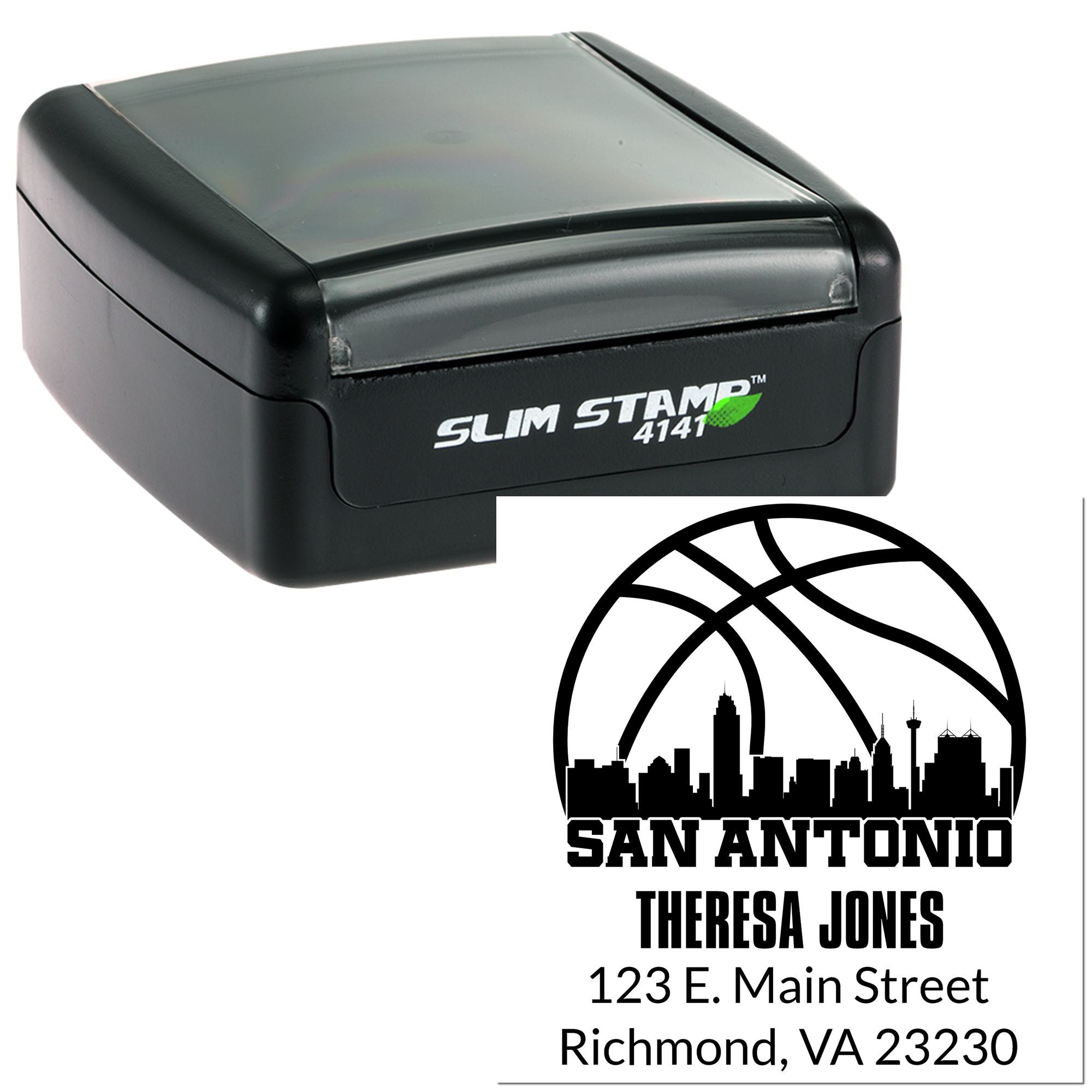 Custom self-inking rubber address stamp with San Antonio skyline for Theresa Jones, 123 E. Main Street, Richmond, VA 23230.