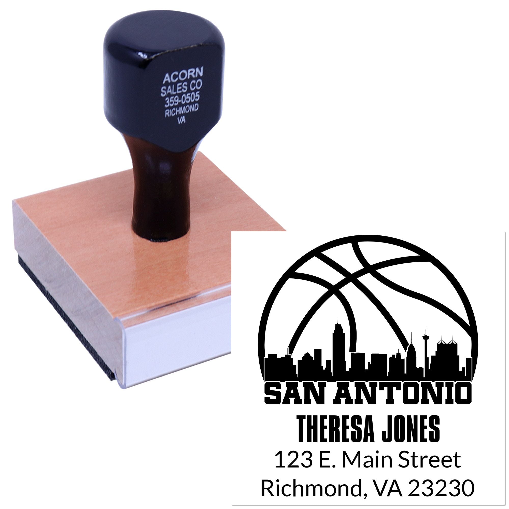Custom rubber stamp with personalized return address and San Antonio skyline design for business envelopes and stationery.