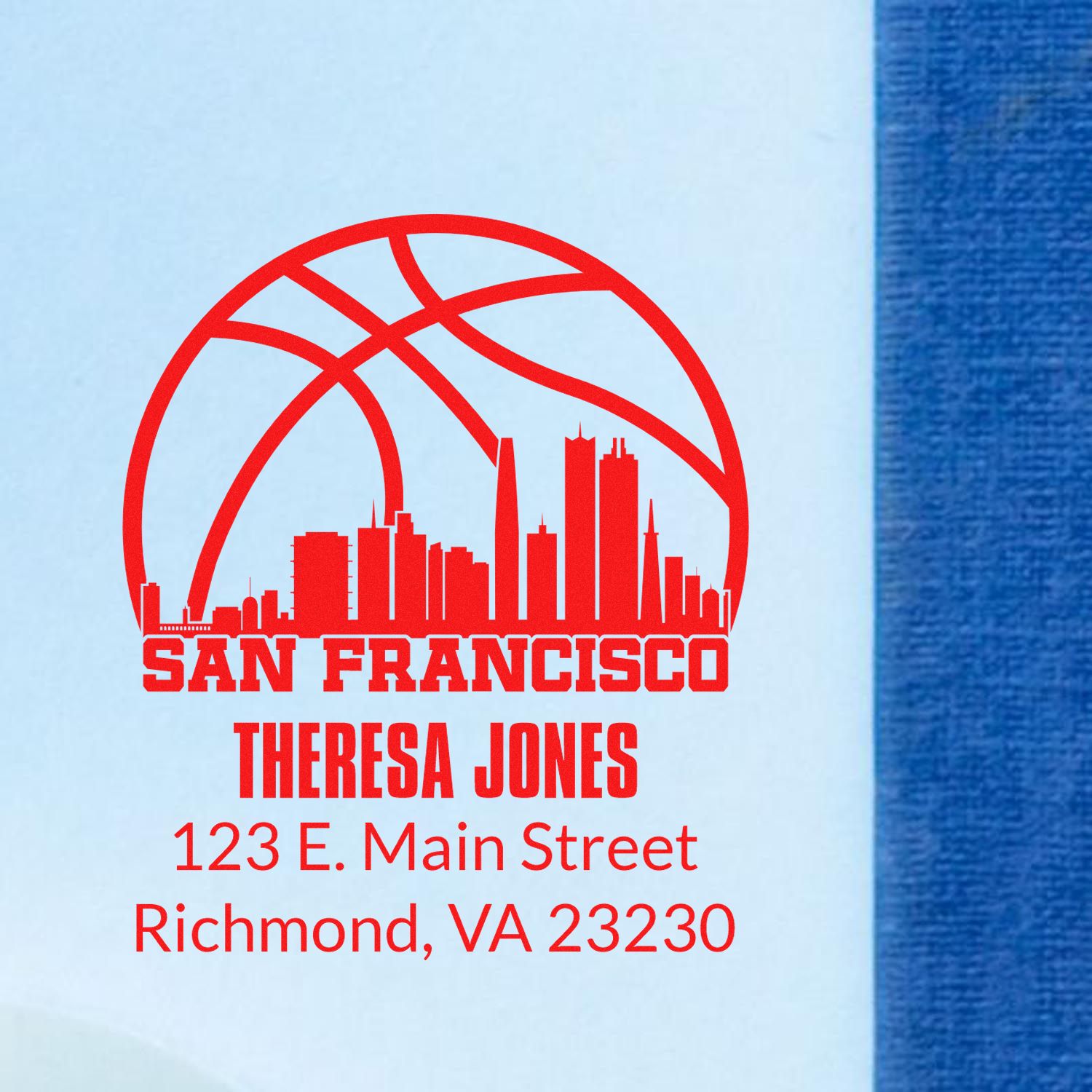 Custom San Francisco basketball rubber stamp with Theresa Jones name and Richmond, VA address for business branding.