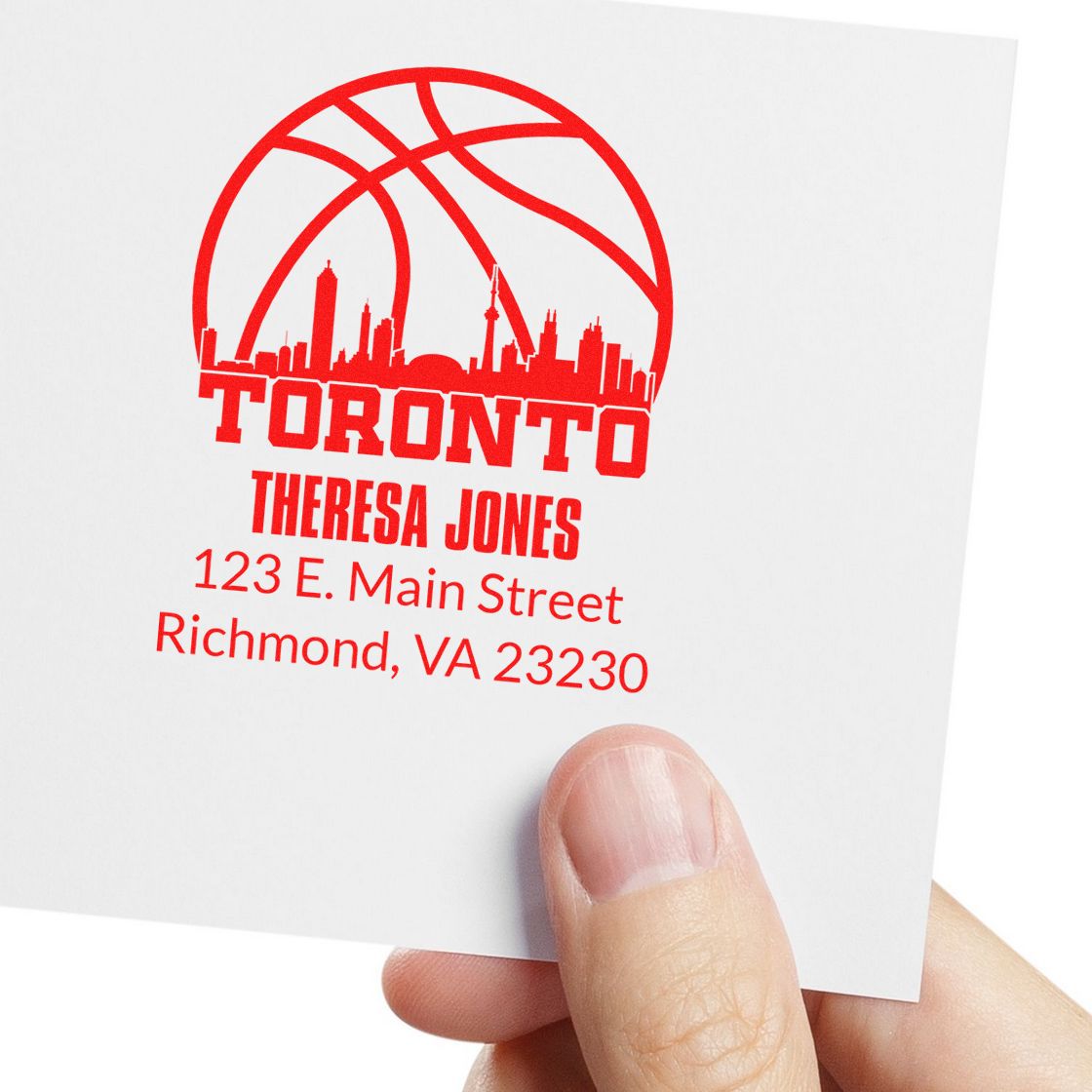 Custom Toronto skyline address stamp with Theresa Jones return address for personalized mailings.