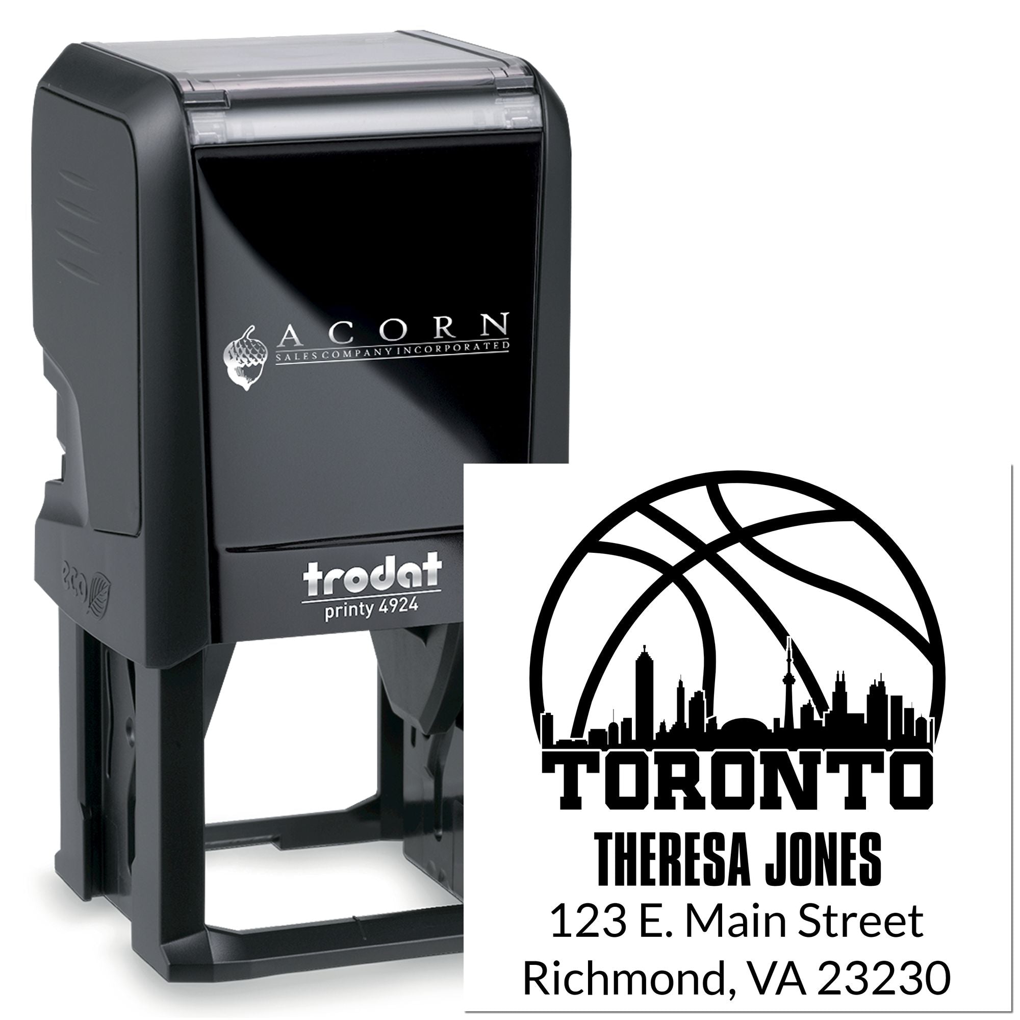 Custom self-inking rubber address stamp with Toronto return address design for personalized mailing and business use.