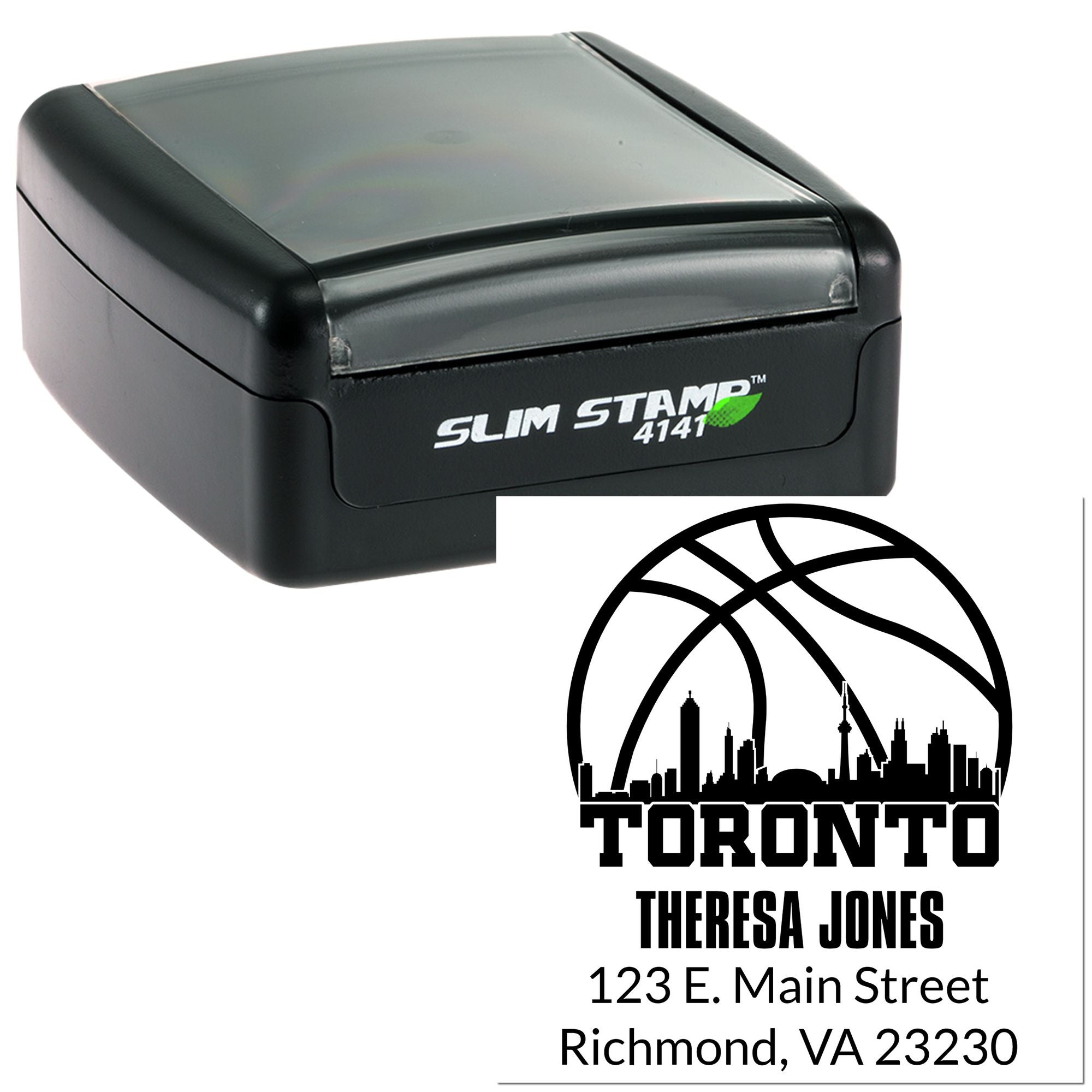 Custom self-inking rubber stamp with Toronto skyline and Theresa Jones address for personalized mailing and business use.