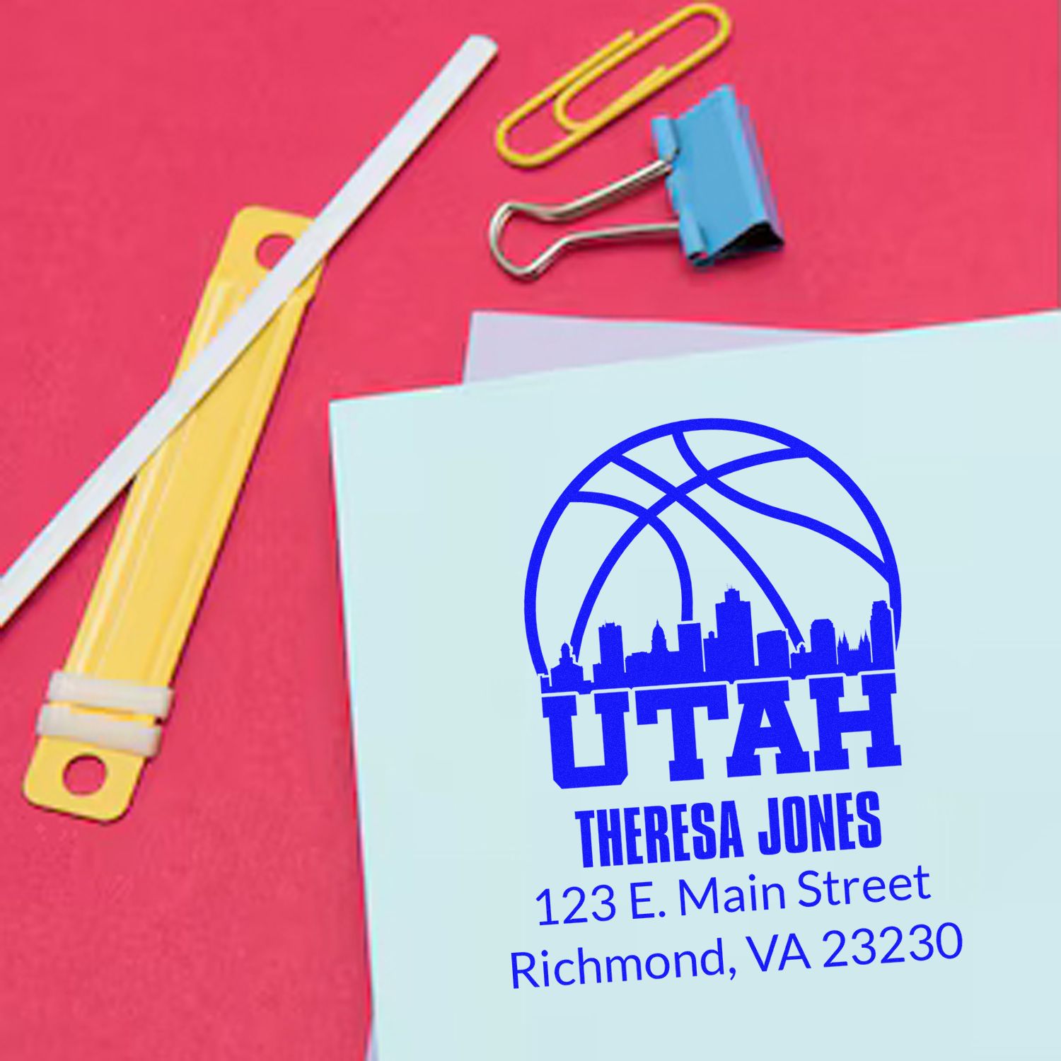 Custom rubber stamp design for Utah, featuring Theresa Jones and address for personalized stationery.