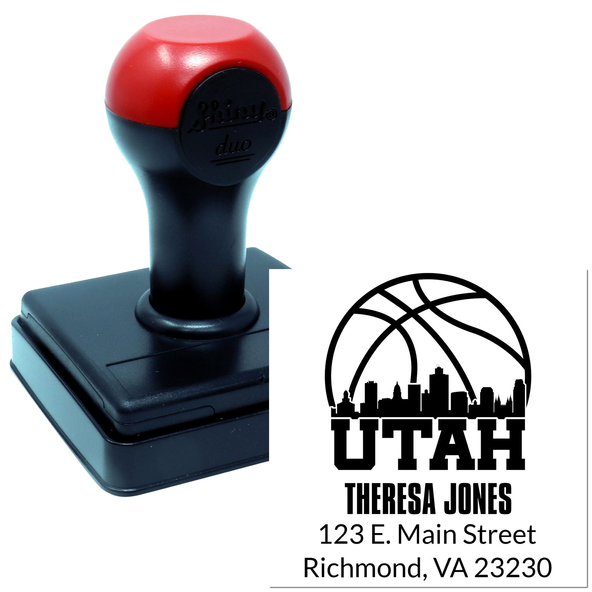 Custom self-inking rubber stamp with Utah basketball logo and Theresa Jones return address imprint, Richmond, VA