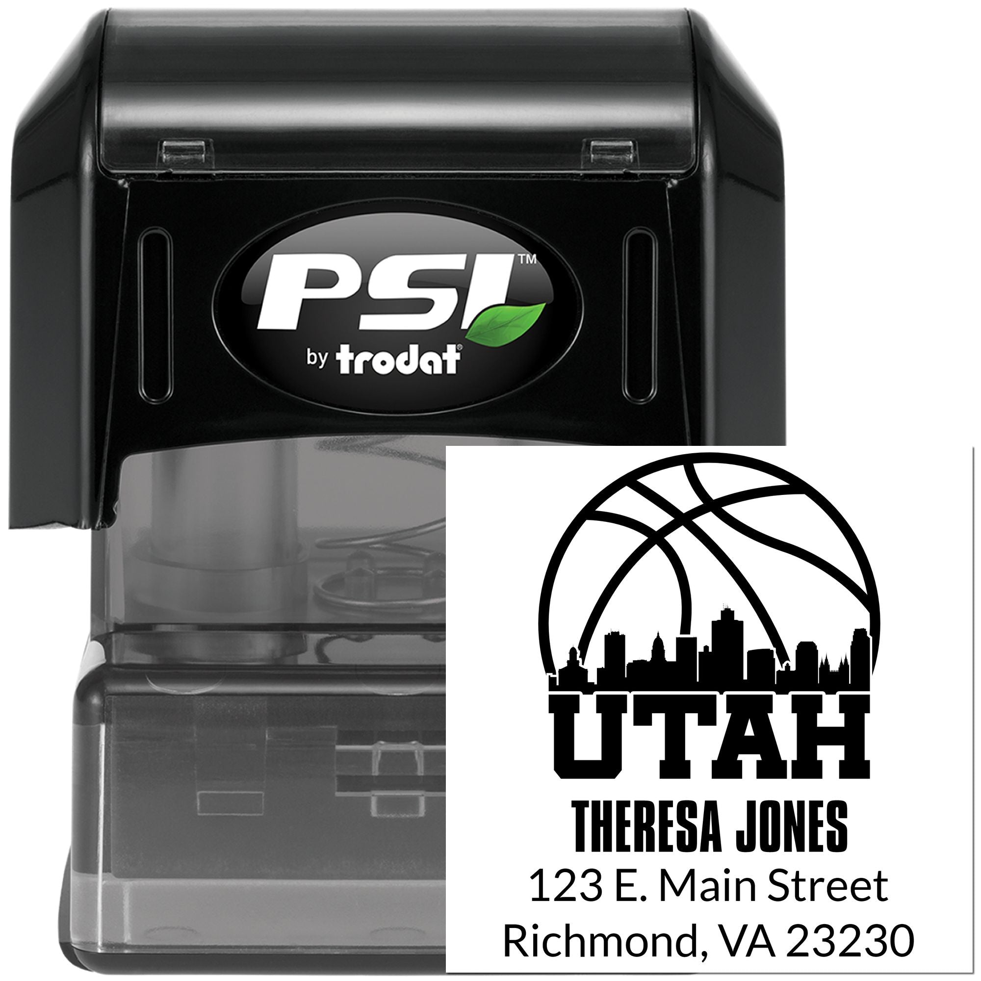 Custom Utah self-inking rubber stamp with name and address, PSI by Trodat, basketball skyline design.