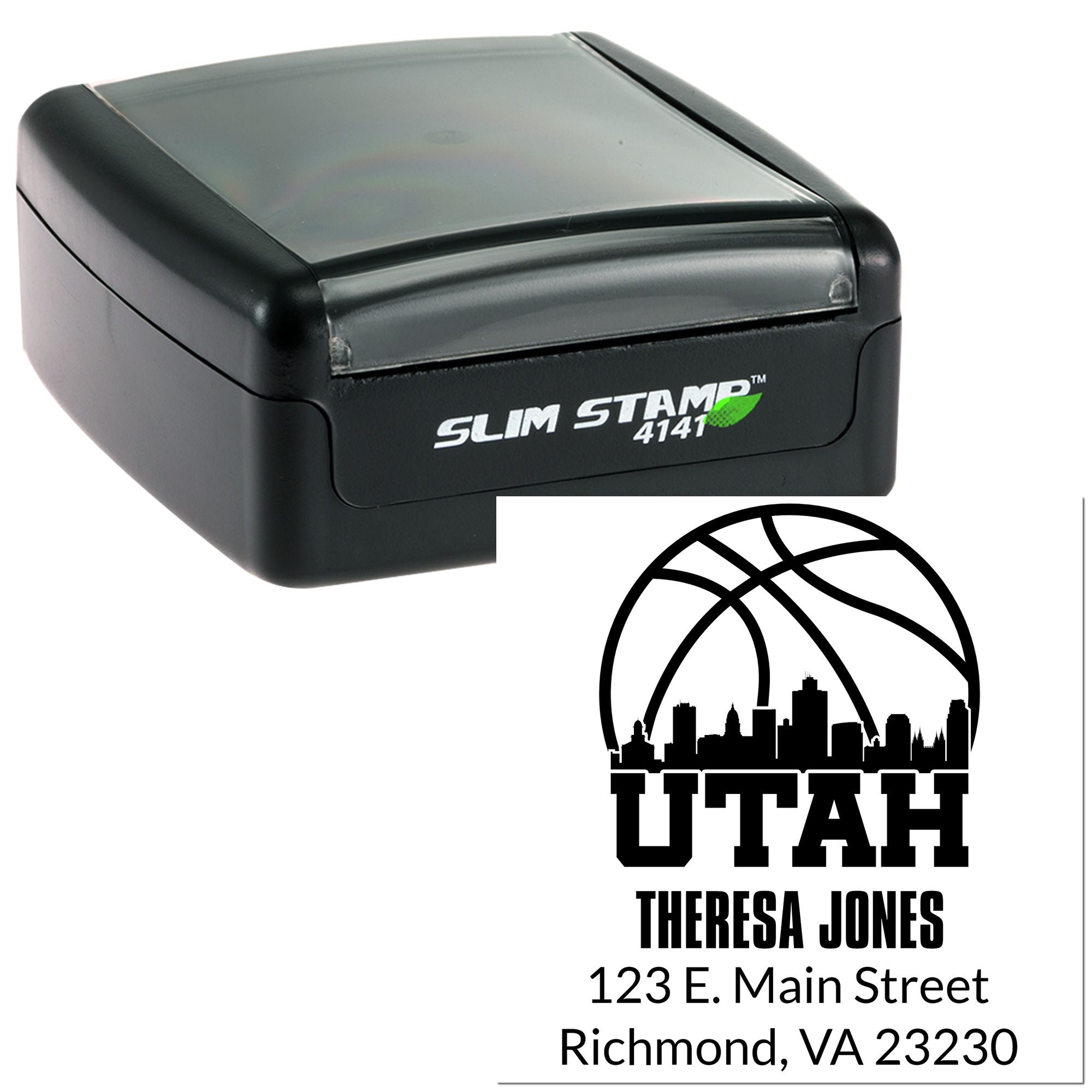 Custom self-inking rubber stamp with Utah basketball logo, Theresa Jones name, and Richmond, VA address.
