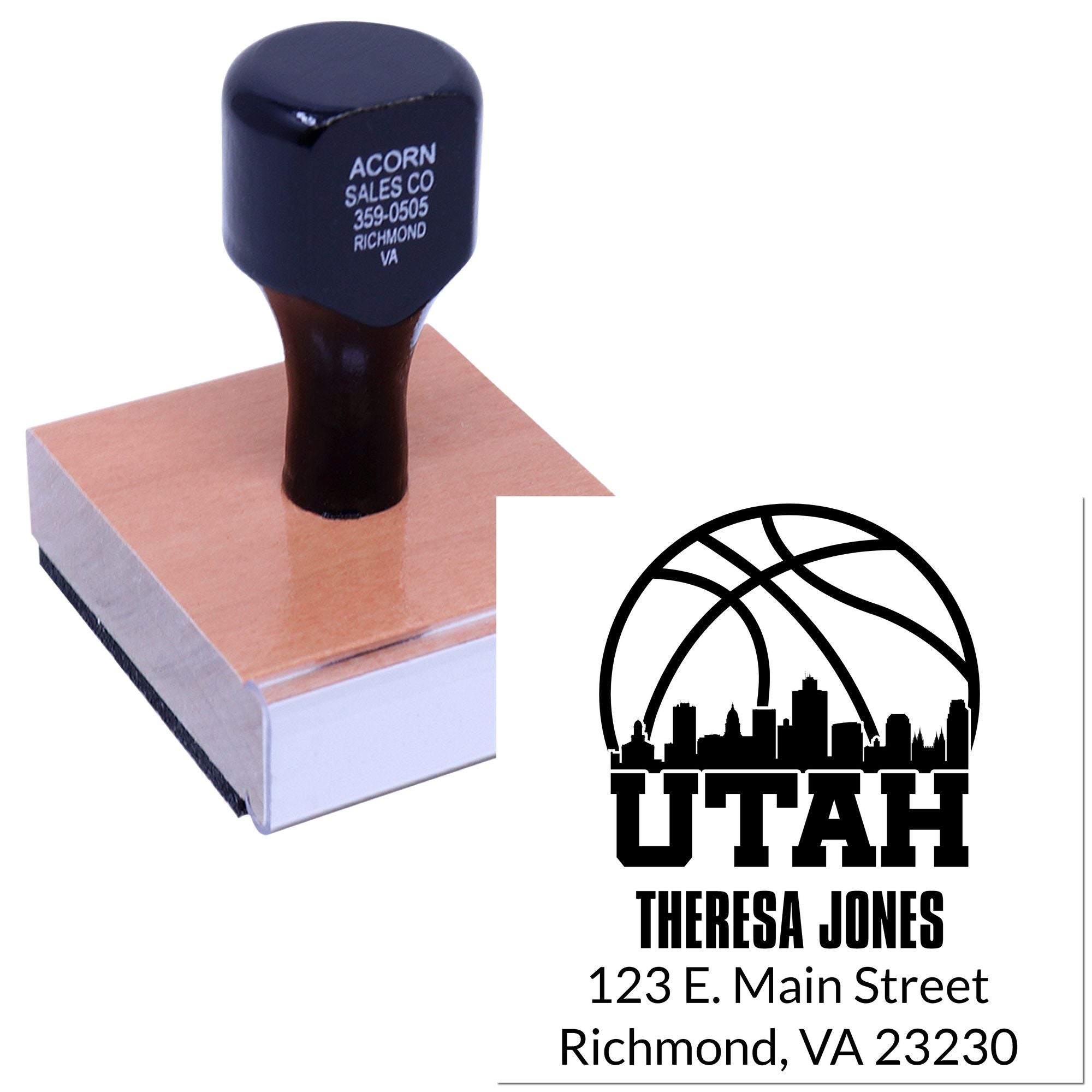 Custom self-inking rubber address stamp with Utah logo, name, and mailing address for business use.