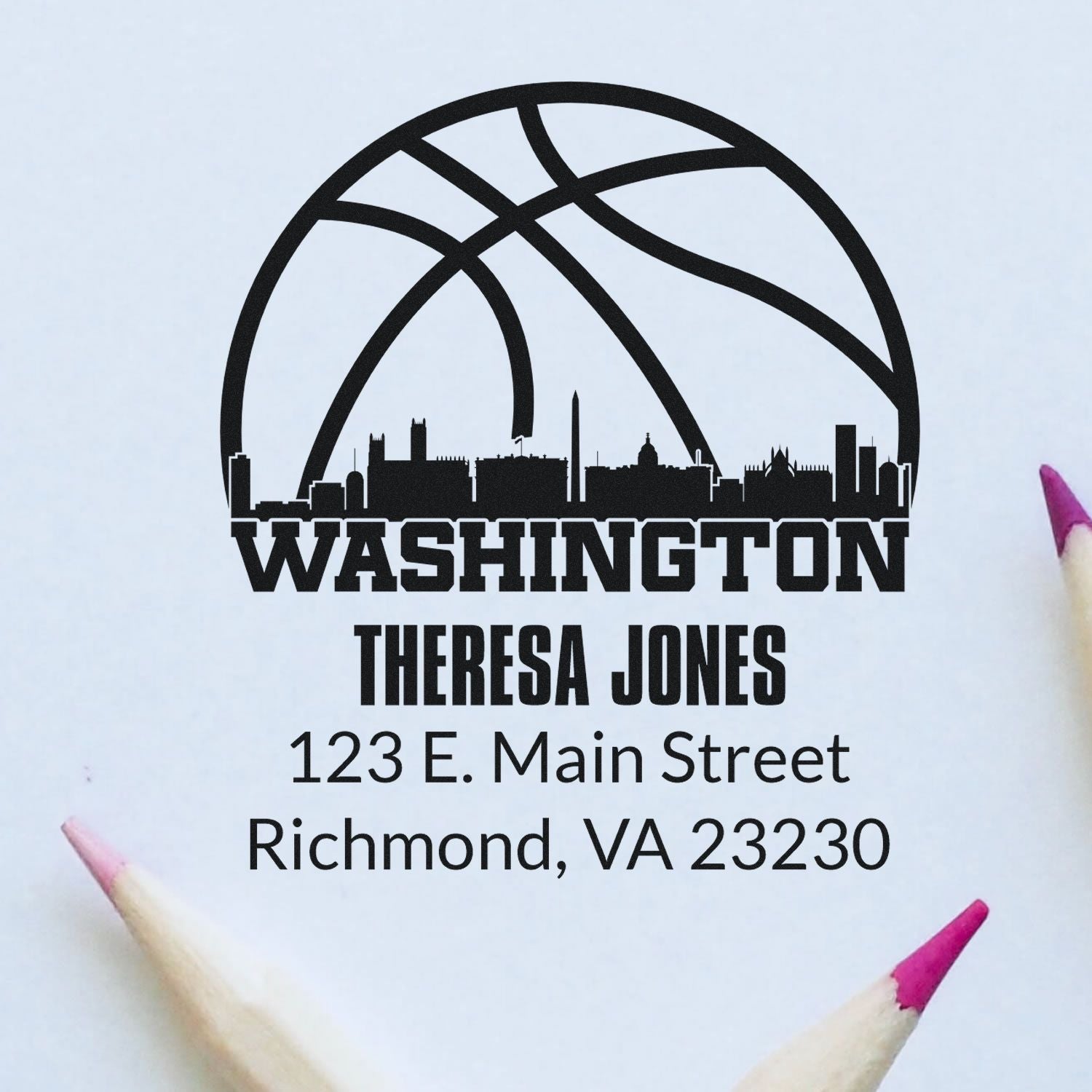 Custom Washington basketball skyline address rubber stamp for Theresa Jones, Richmond, VA 23230