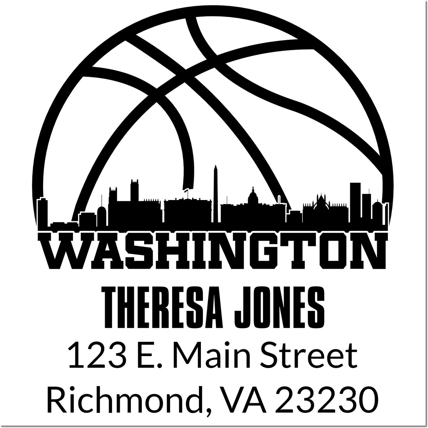 Personalized Washington Theresa Jones return address rubber stamp with basketball skyline, 123 E. Main Street, Richmond, VA 23230.