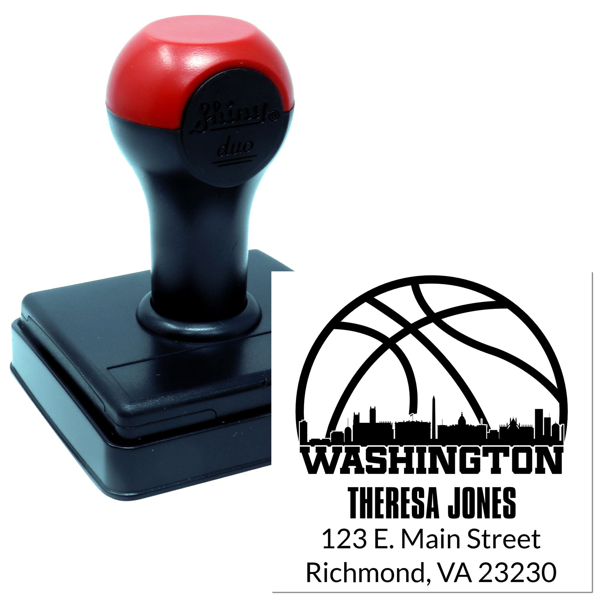 Custom self-inking return address rubber stamp with Washington skyline design for Theresa Jones, Richmond, VA 23230.