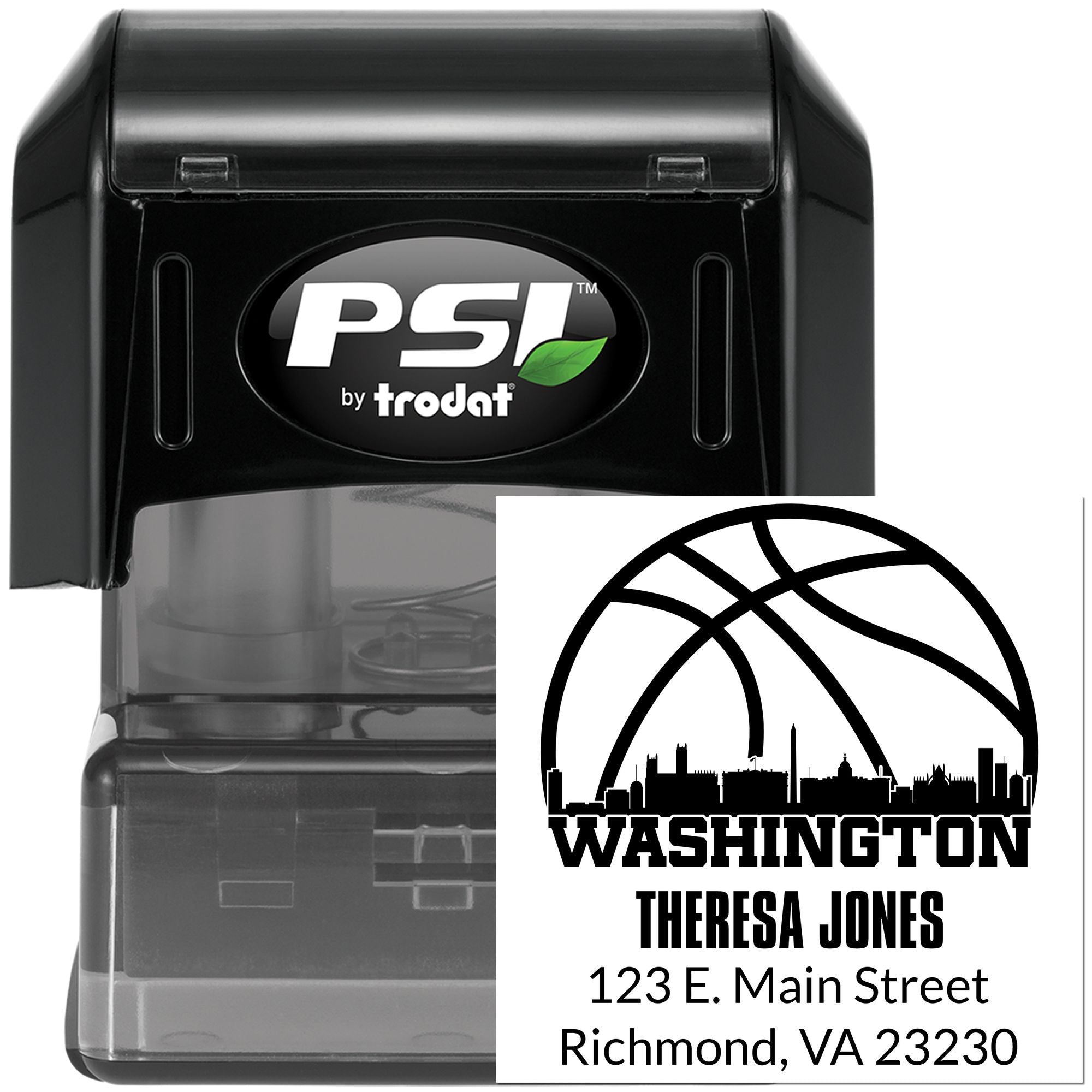 Custom Washington address rubber stamp with name, street address and Richmond, VA return address in PSI by Trodat self-inking stamp.