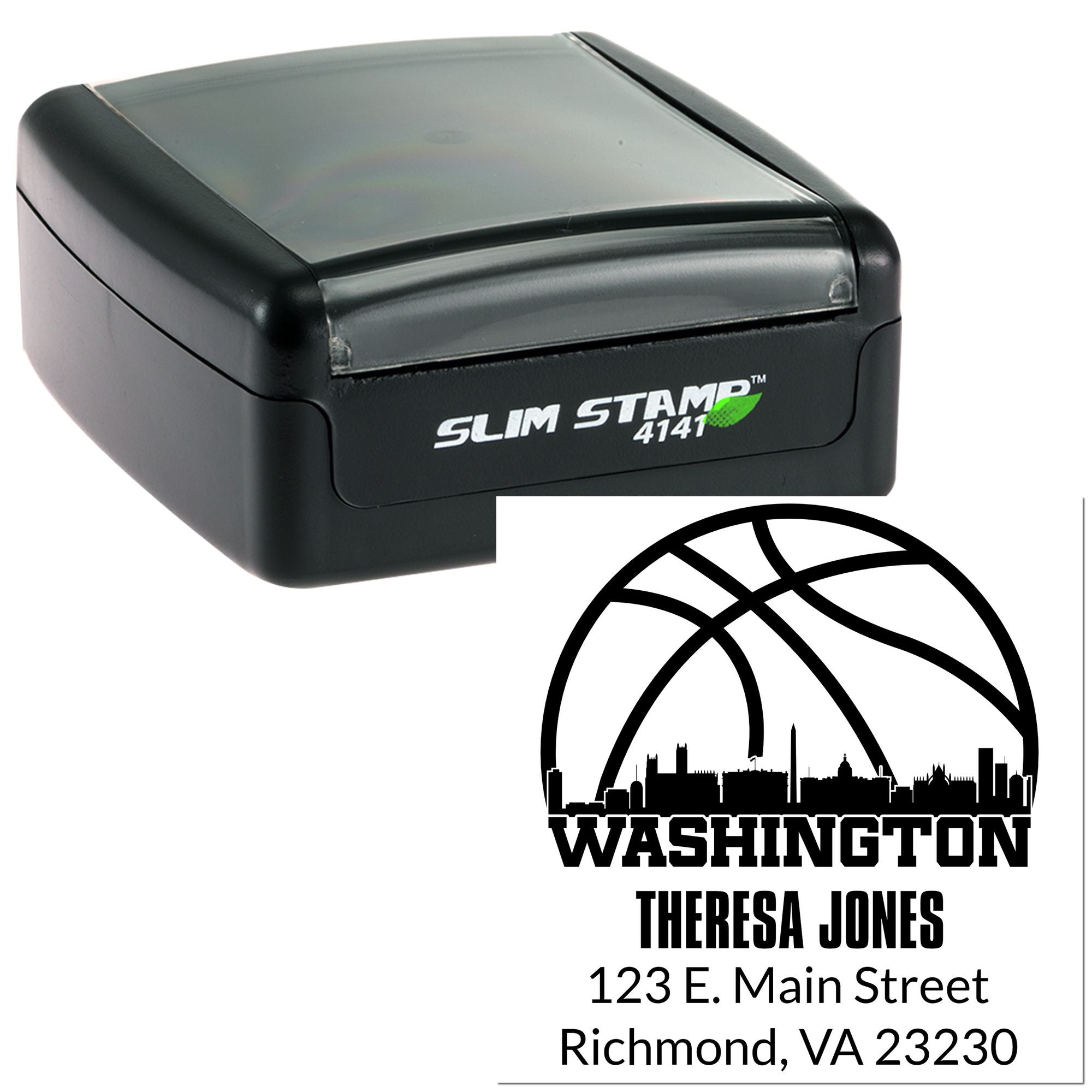 Custom self-inking return address stamp featuring Washington skyline design, Theresa Jones, and Richmond, VA address.