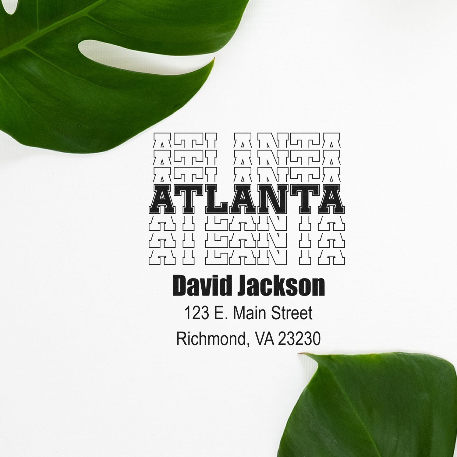 Custom Atlanta rubber stamp with David Jackson name and Richmond, VA address, styled with bold monogram lettering and green leaf decor.