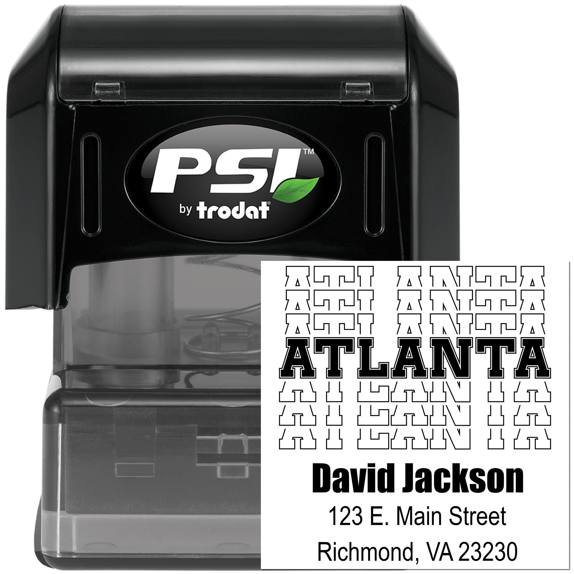 Custom self-inking rubber address stamp by PSI by Trodat with Atlanta design, David Jackson, and Richmond, VA imprint sample.
