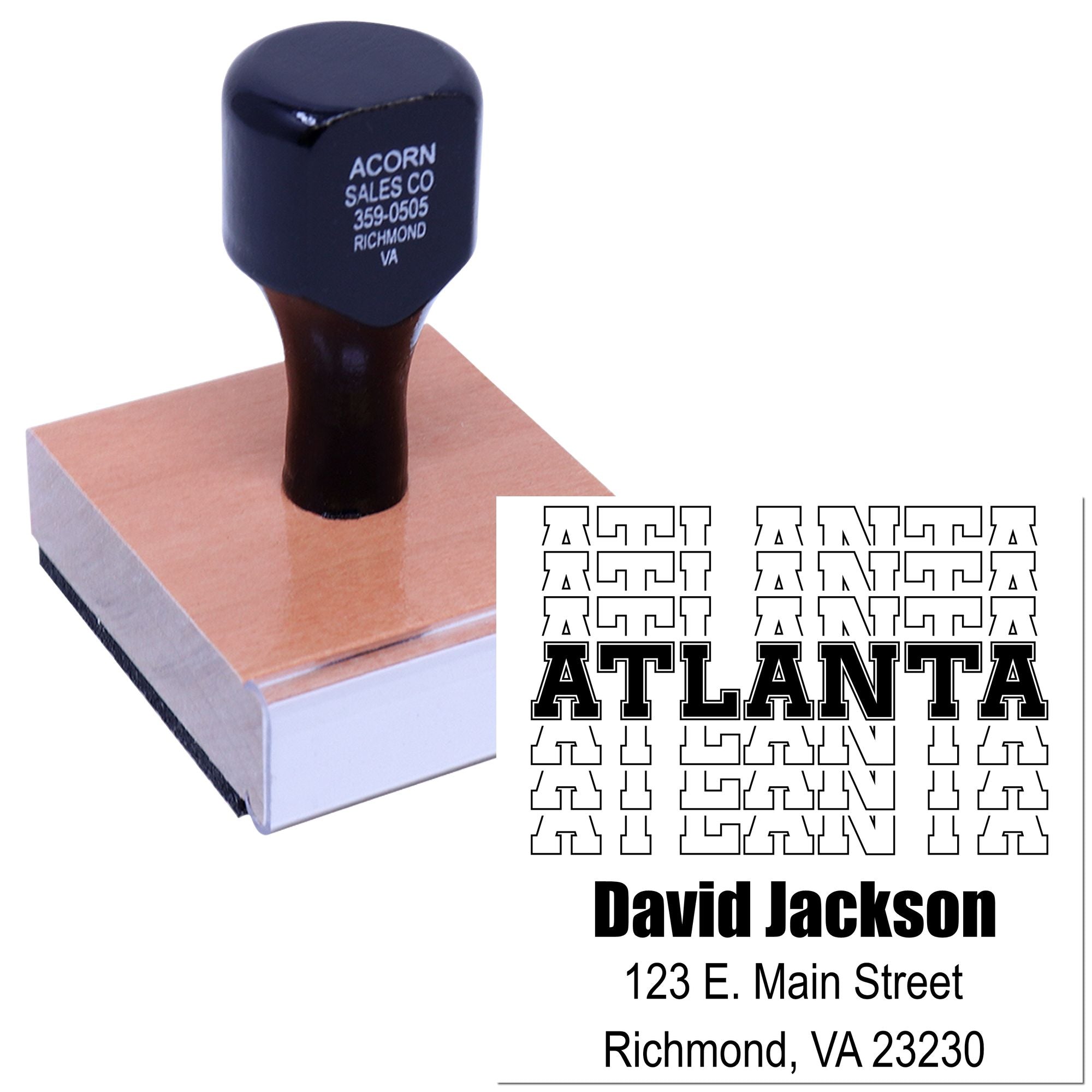 Personalized rubber address stamp with Atlanta design for business mailings and custom return addresses.