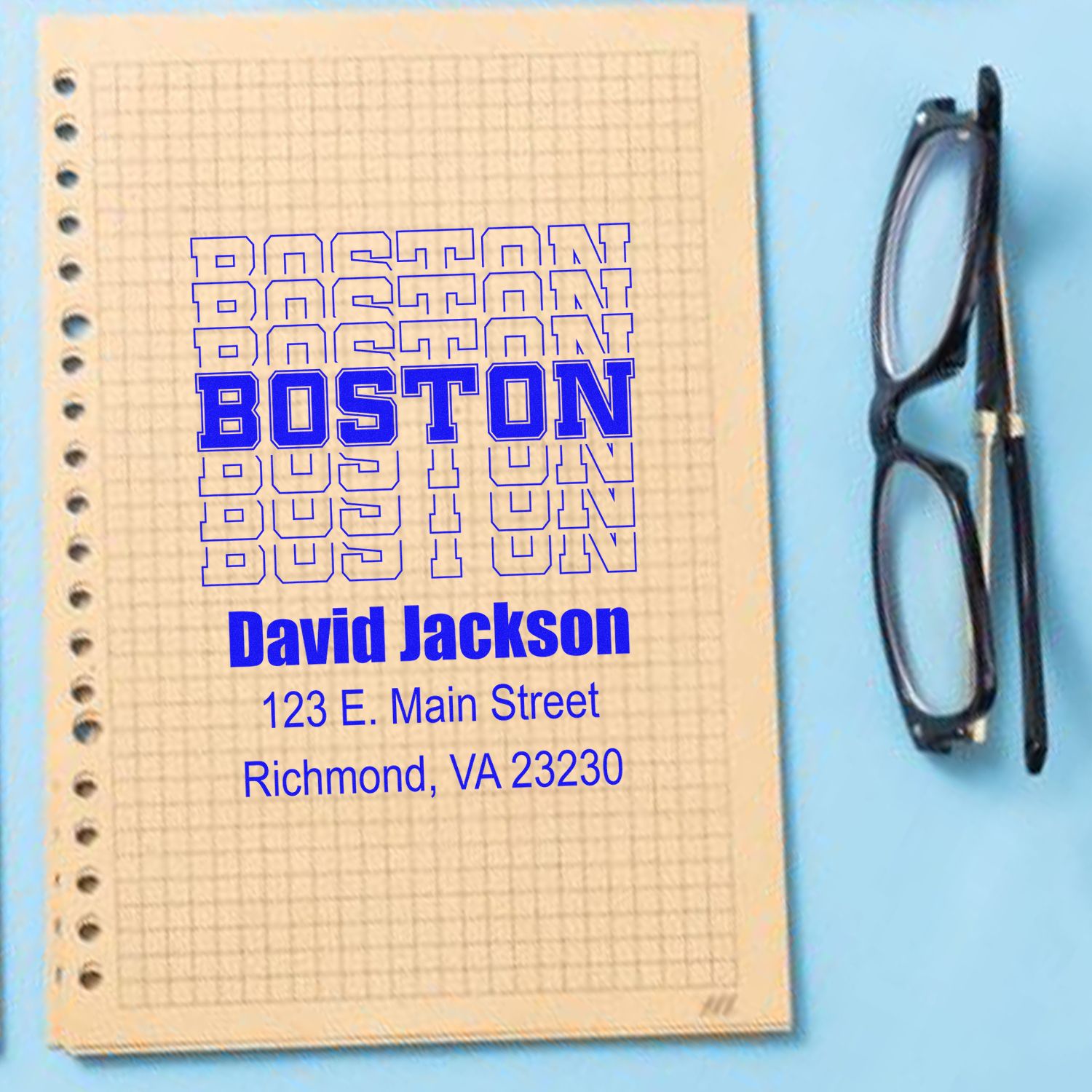Custom Boston address rubber stamp with name and mailing address for David Jackson, Richmond, VA 23230.