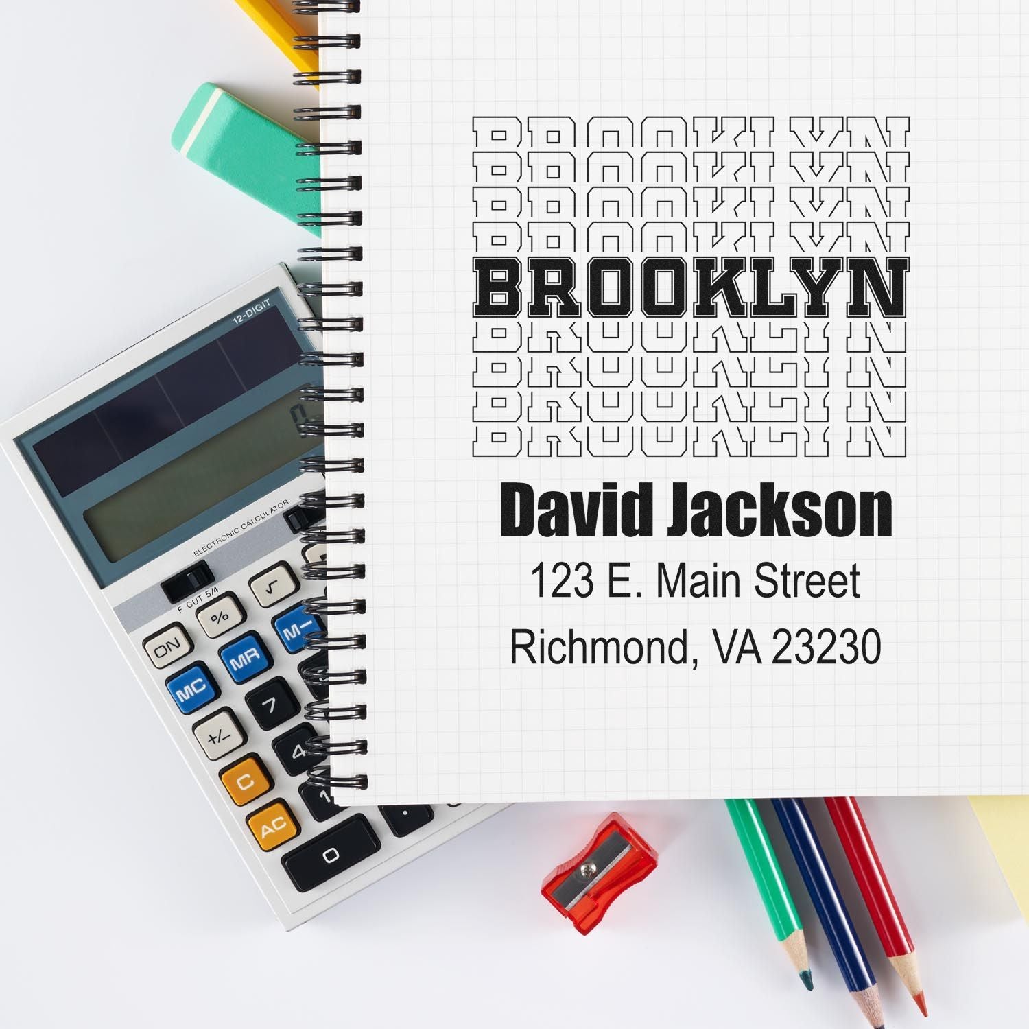 Brooklyn custom rubber stamp mockup featuring name and address for business branding or return-address use.