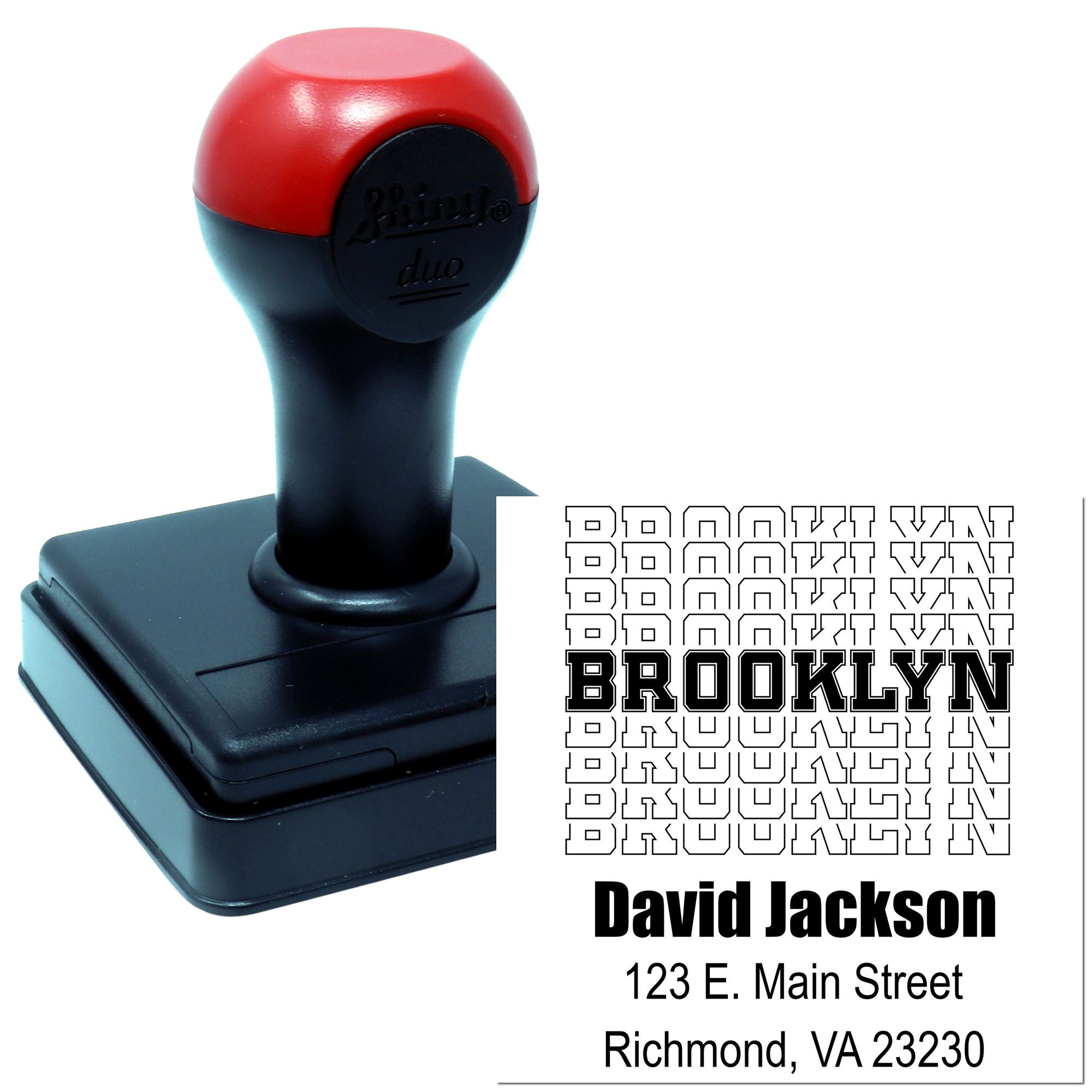 Custom self-inking rubber address stamp with Brooklyn sample imprint for personalized business mail and return address use.