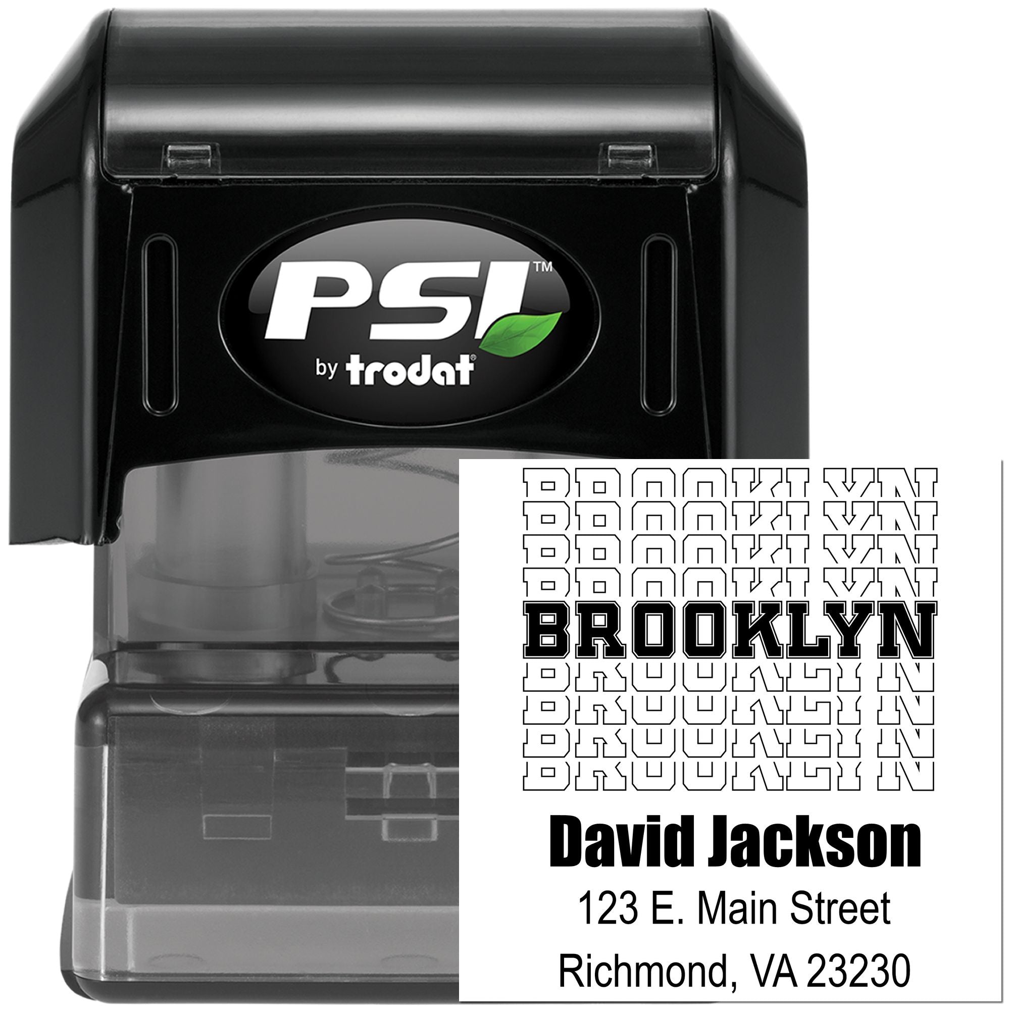 PSI by Trodat self-inking rubber address stamp with custom Brooklyn font for David Jackson, Richmond, VA 23230