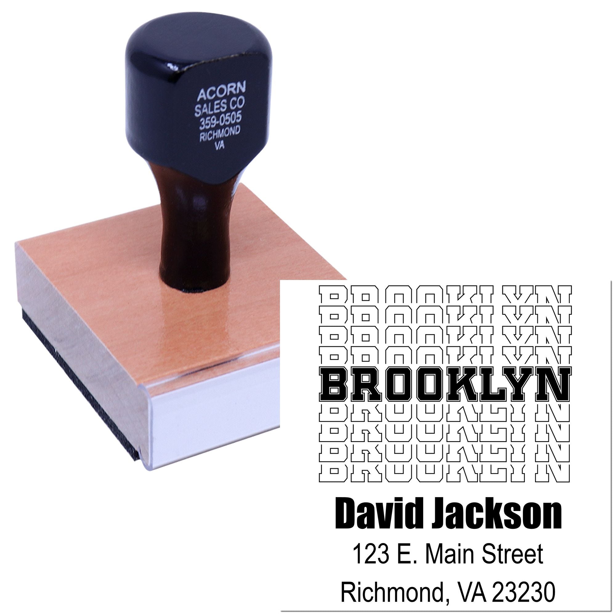 Custom rubber address stamp with Brooklyn design and personalized return address for David Jackson, Richmond VA