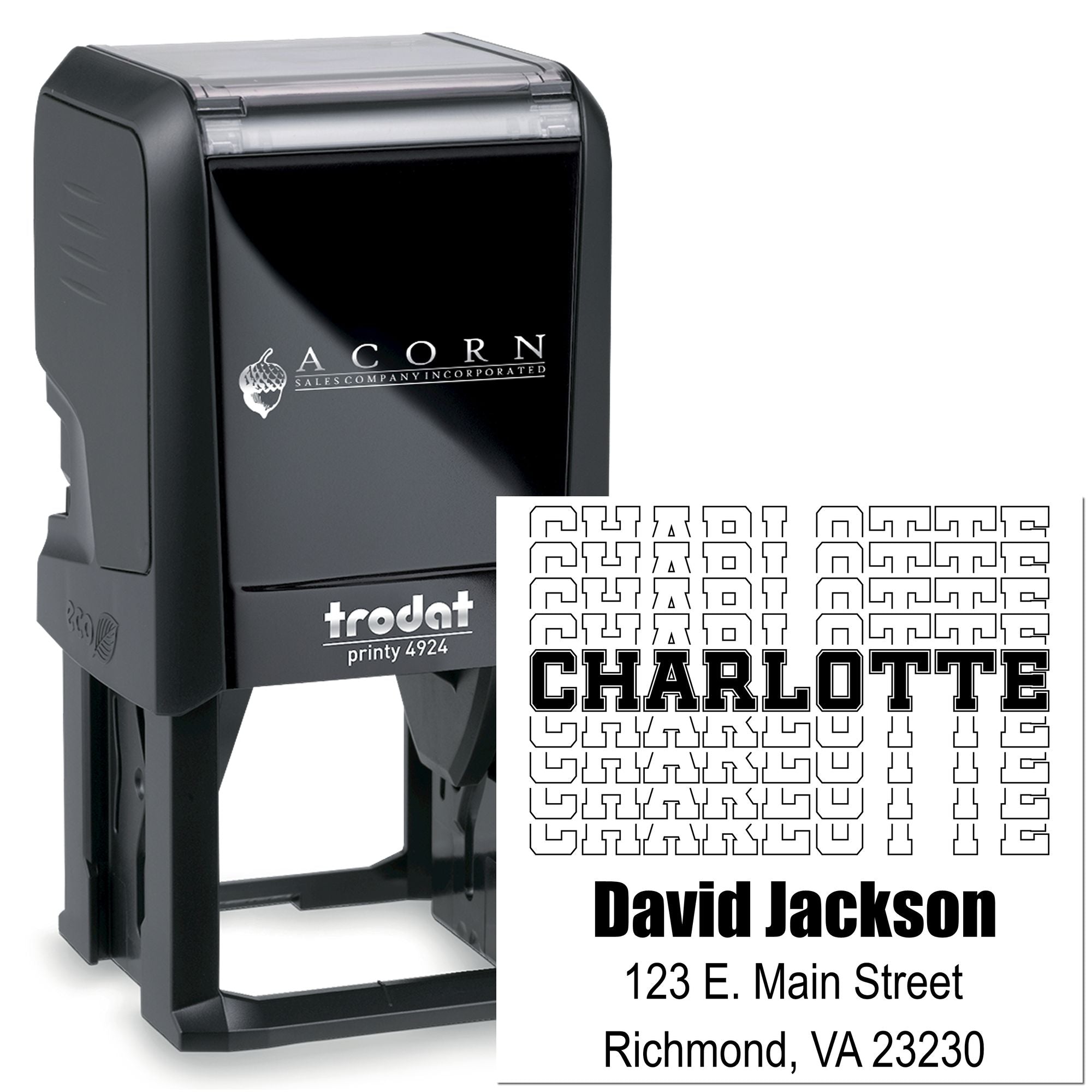 Custom self-inking rubber stamp with Trodat Printy 4924 and personalized address design for Charlotte David Jackson, Richmond VA.