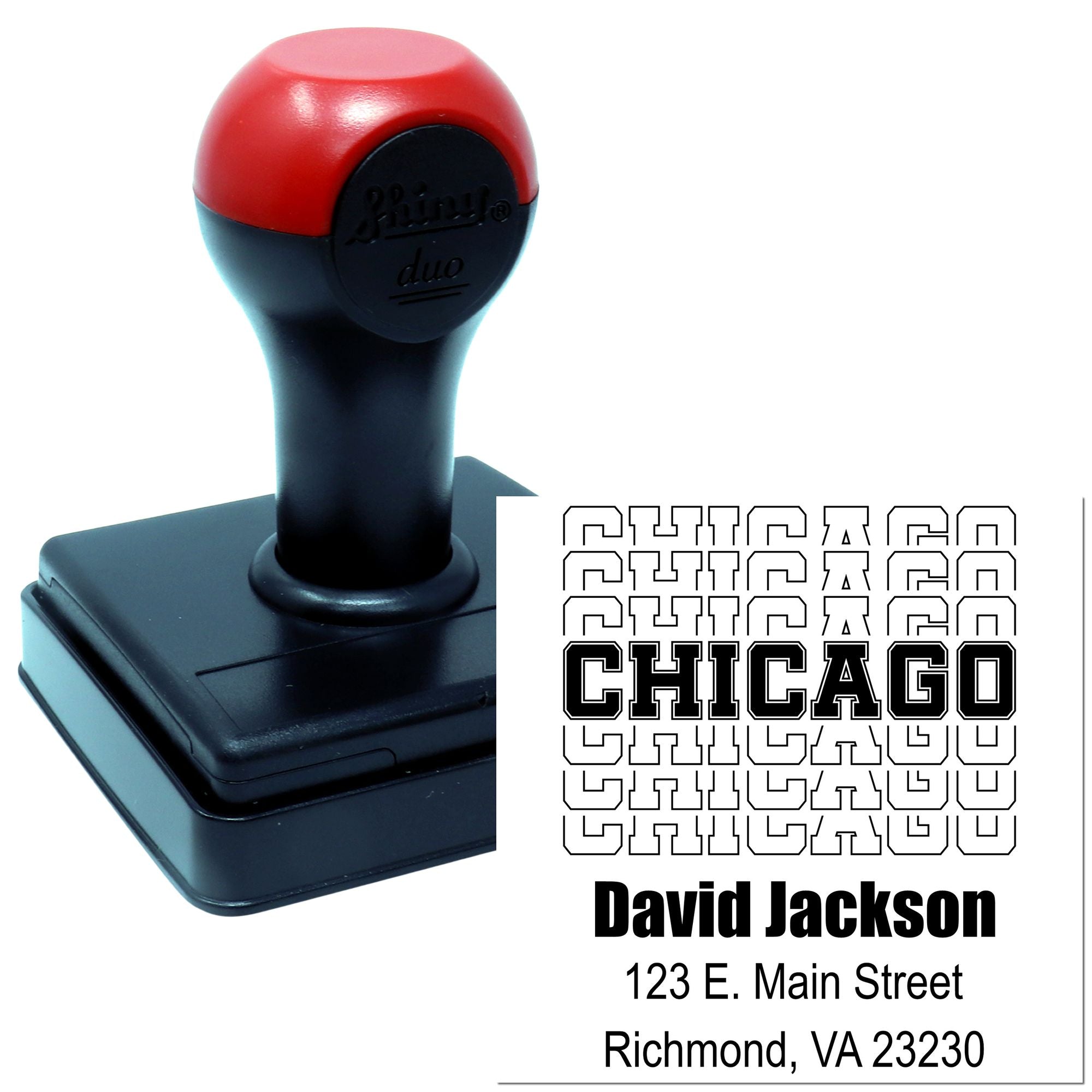 Custom self-inking return address rubber stamp with Chicago design for David Jackson, Richmond, VA 23230.