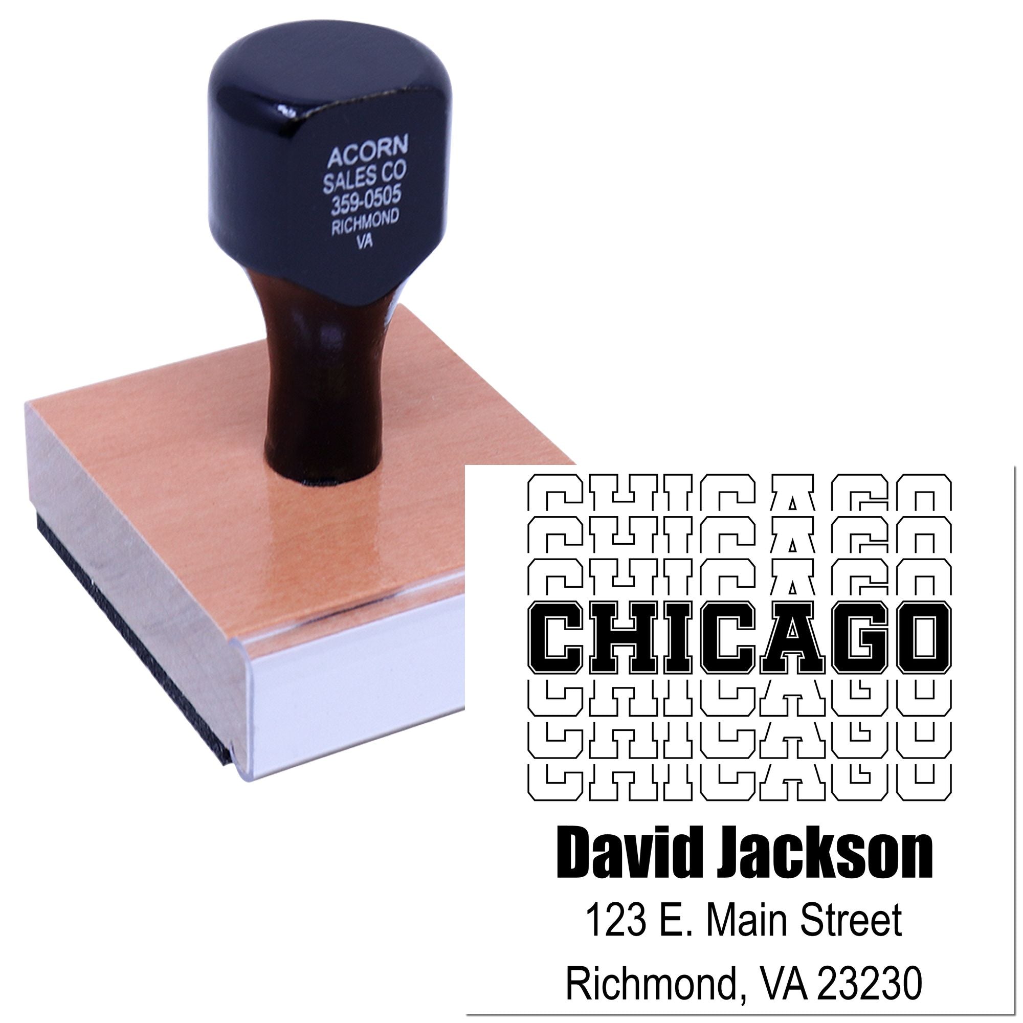Custom rubber stamp mockup with Chicago name, street address, and city imprint for business mailing and branding.