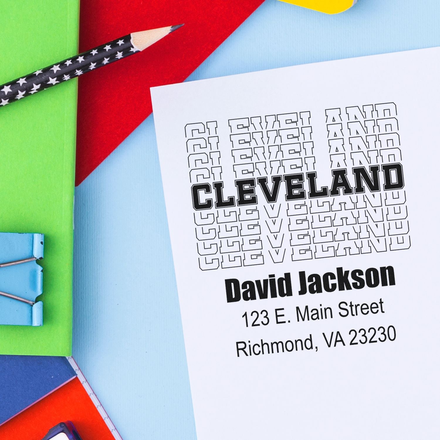 Custom address stamp proof for Cleveland, with David Jackson and Richmond, VA mailing details.