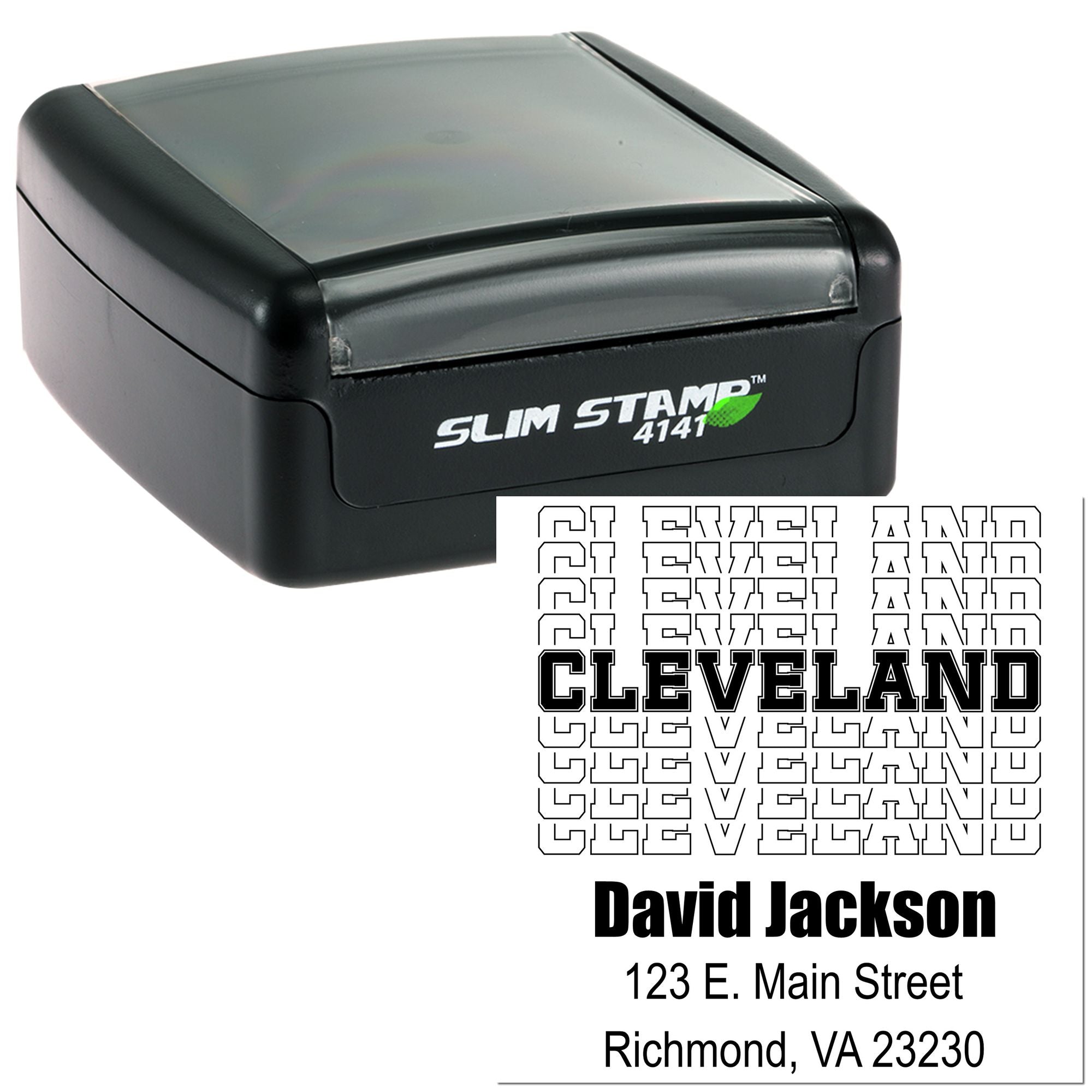 Custom self-inking rubber stamp with personalized Cleveland address imprint for business mailing and office use.