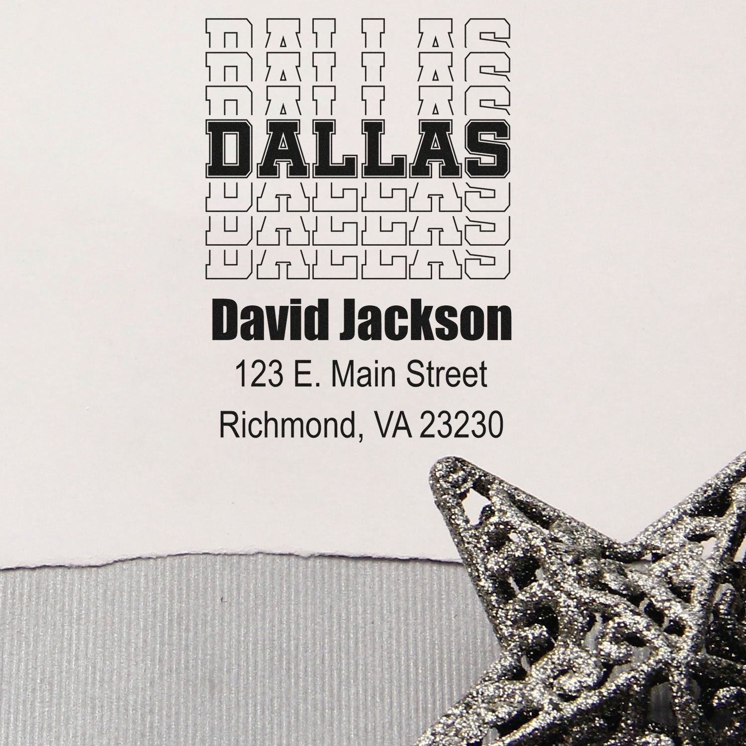 Custom Dallas address rubber stamp proof with name, street, and city for personalized business mailing.