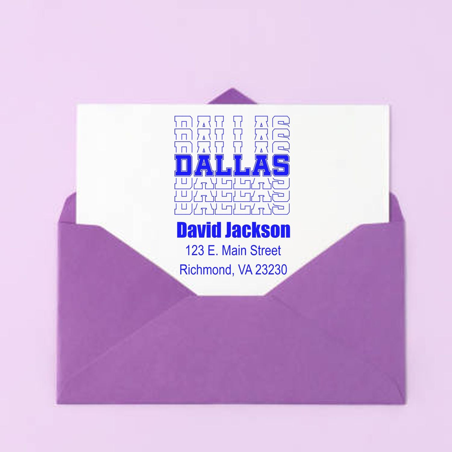 Dallas return address rubber stamp on purple envelope with custom name and address