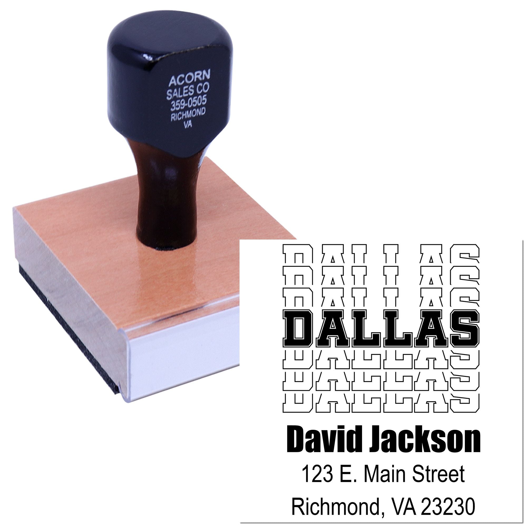 Custom rubber stamp with personalized name and return address imprint for business mailing and branding.