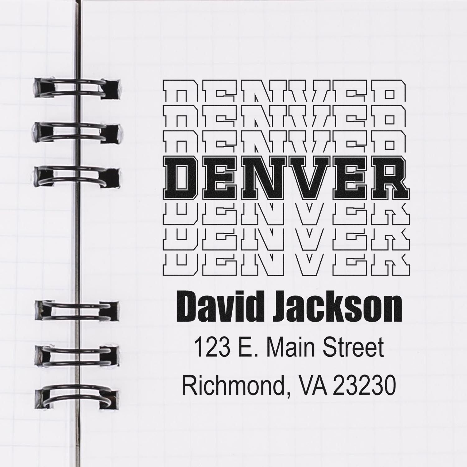 Custom Denver rubber stamp design with name and return address for personalized stationery or business mailing.