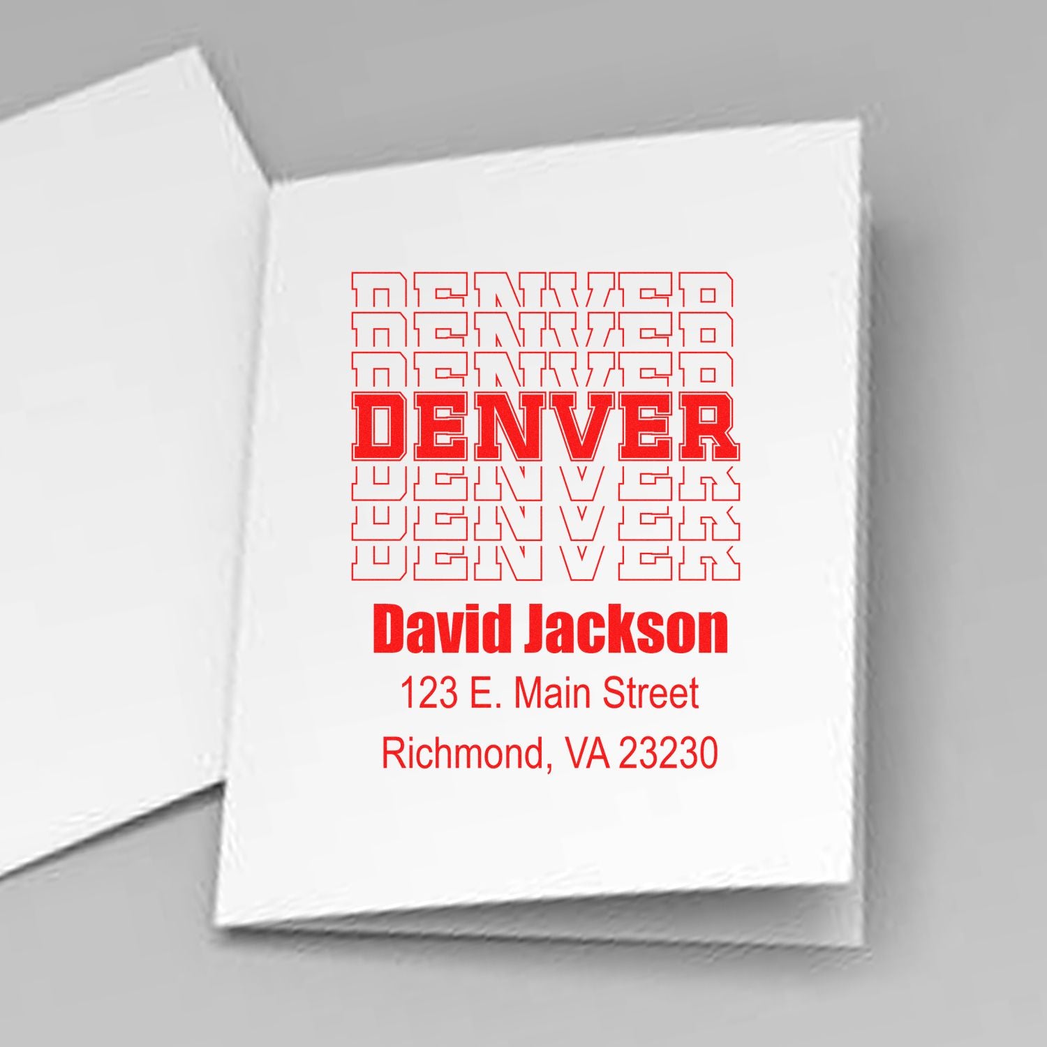 Custom Denver rubber stamp with name and address, ideal for business mailings and return address labeling.