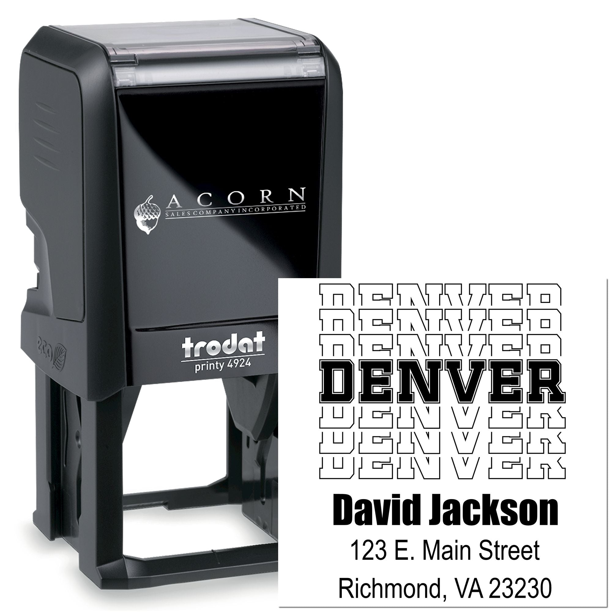 Custom self-inking rubber stamp, Trodat Printy 4924, with Denver return address and business name imprint.