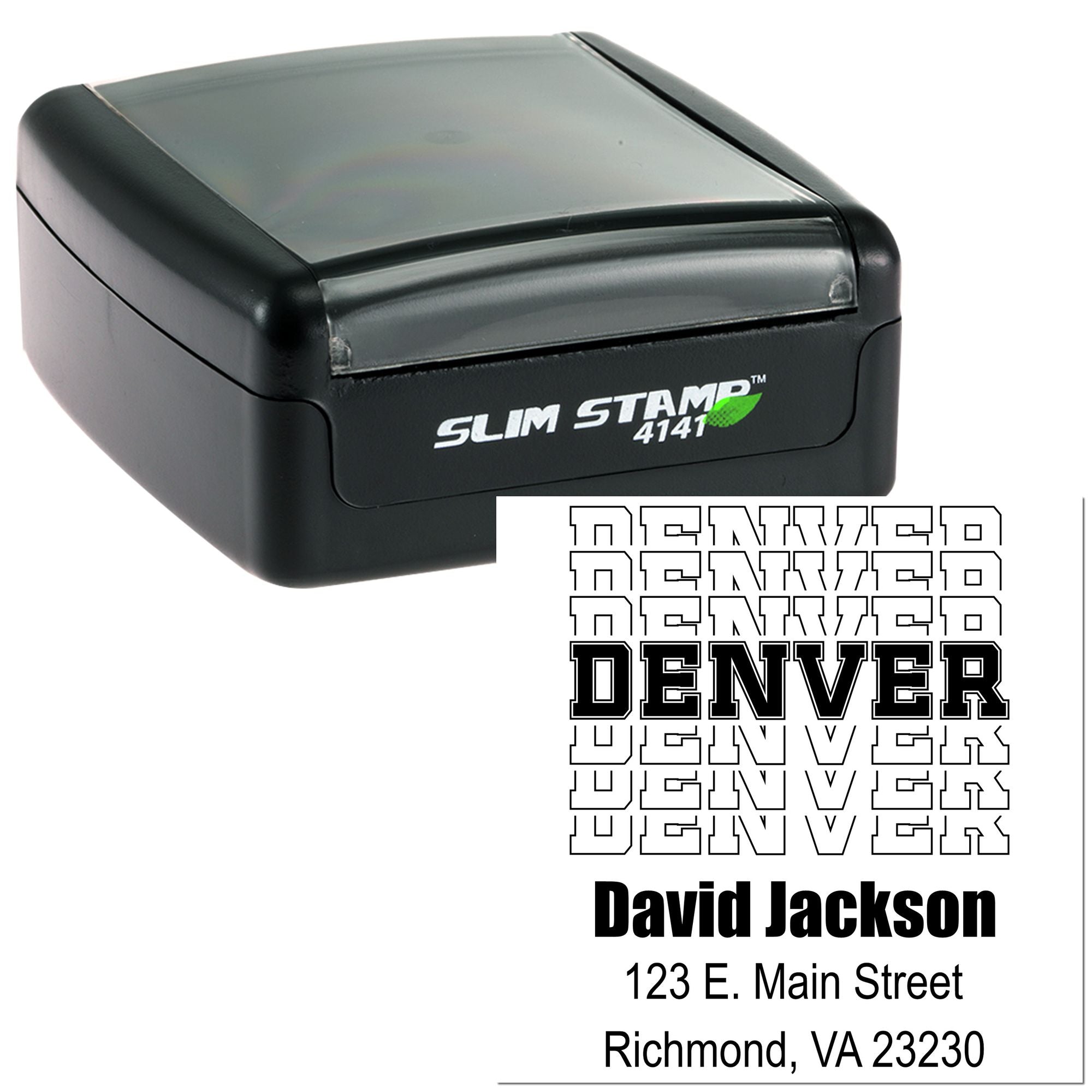 Custom self-inking Slim Stamp rubber stamp with personalized Denver return address layout for business mailing.