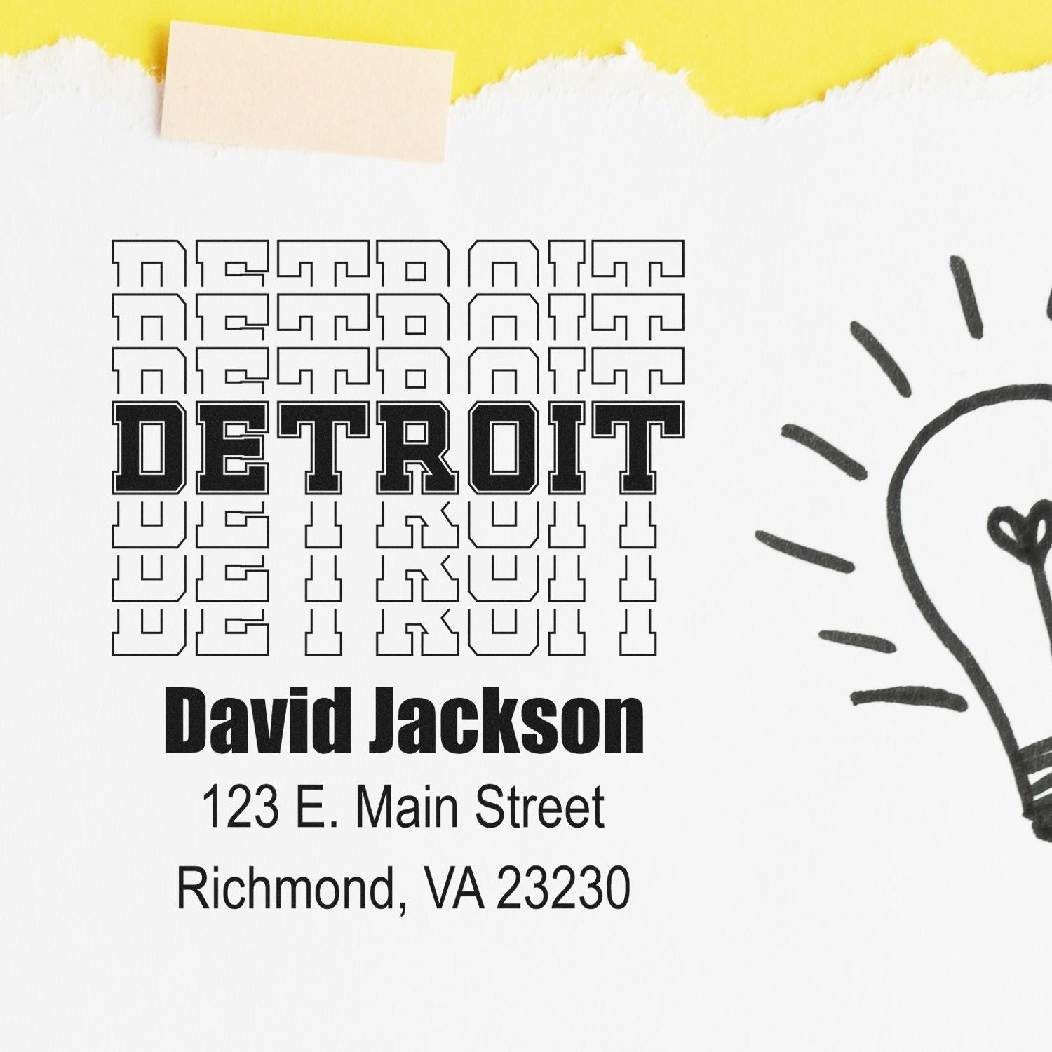 Custom Detroit rubber stamp address design for David Jackson, Richmond, VA, with lightbulb logo.