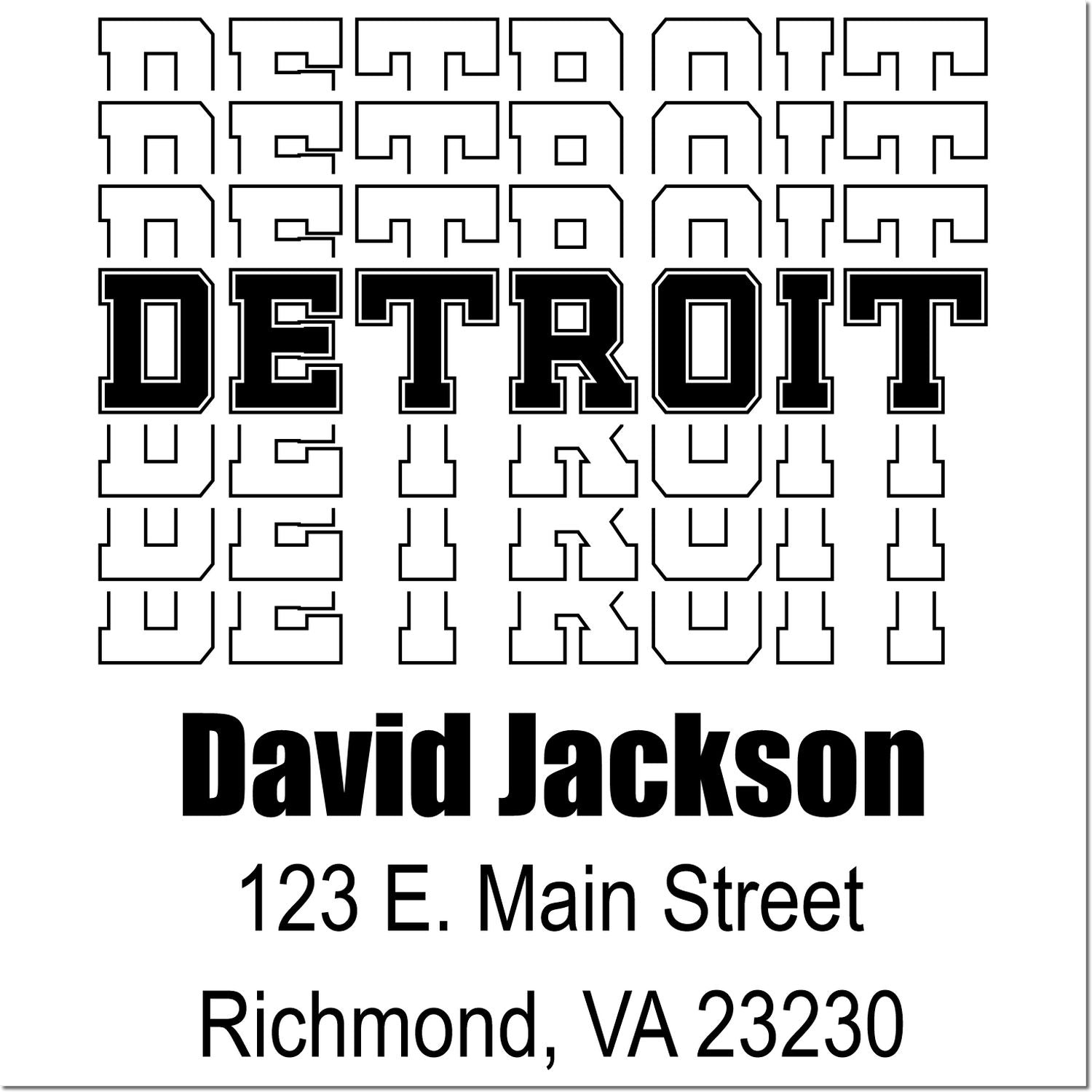 Custom Detroit rubber stamp with David Jackson return address, 123 E. Main Street, Richmond, VA 23230.
