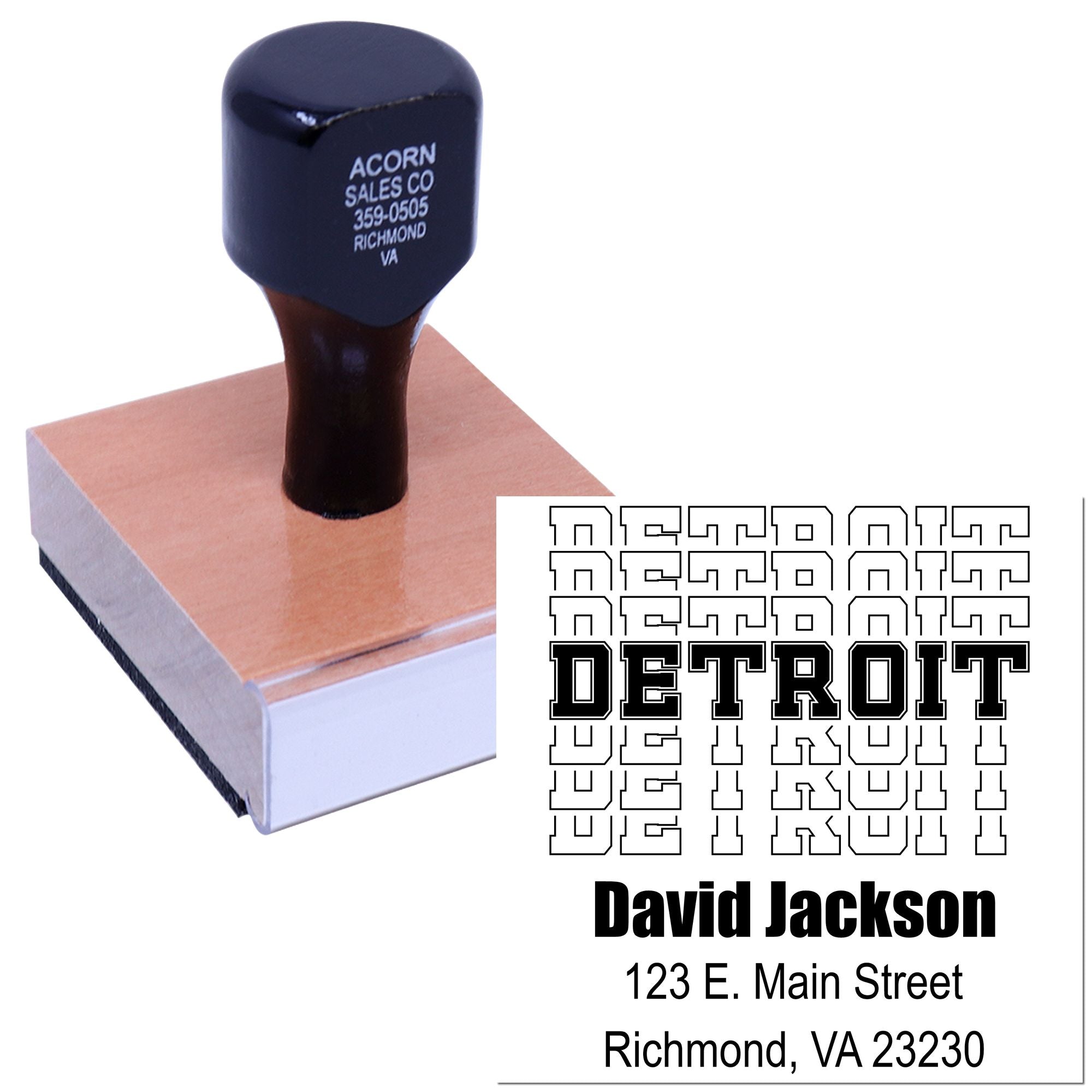 Custom Detroit rubber stamp with business name and address for David Jackson, ideal for branding envelopes and packaging.