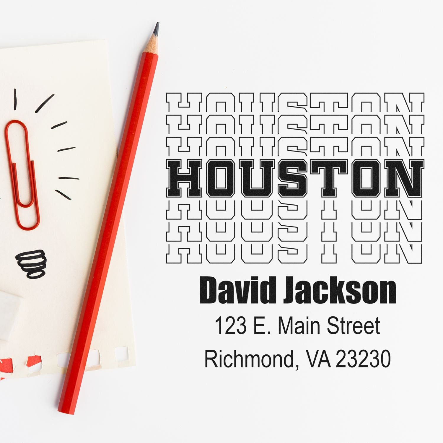 Custom rubber stamp proof for David Jackson return address, Richmond, VA 23230, with bold Houston design for envelopes.