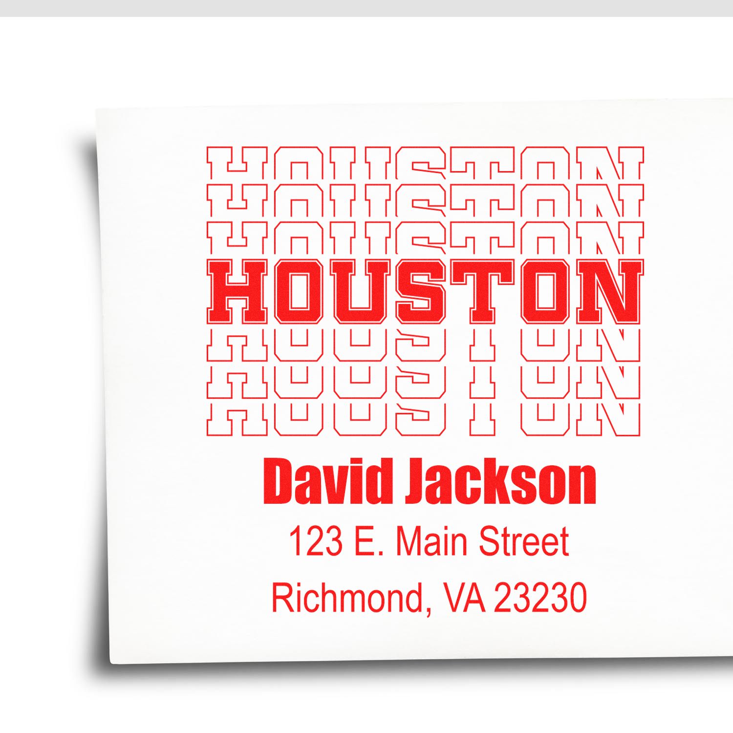 Personalized Houston return address rubber stamp with David Jackson, 123 E. Main Street, Richmond, VA 23230.